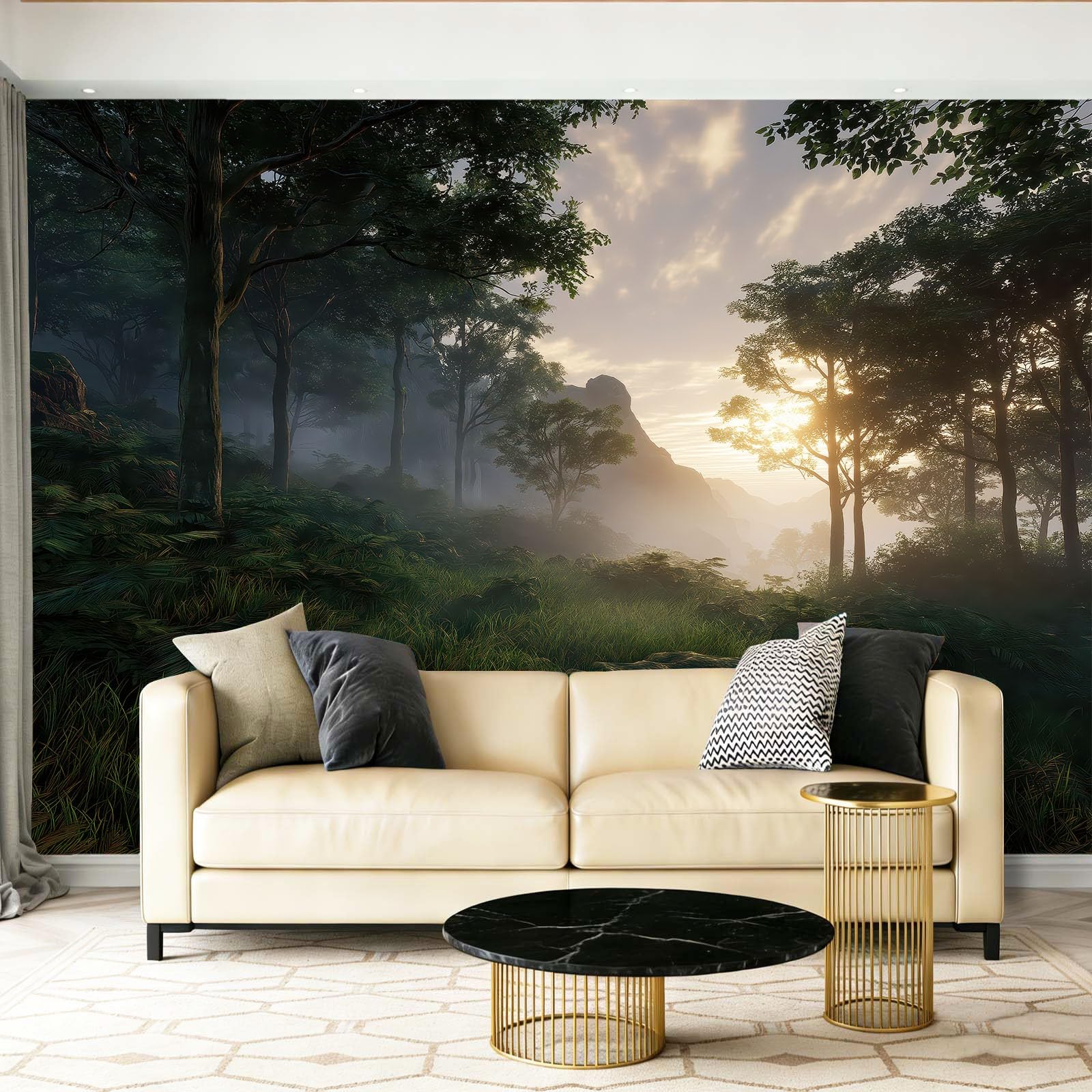 Tapeta mural, las poranna mgiełka górskie lasy dekoracja pokrycie ścienne tapeta naklejka ścienna naturalna fotorealistyczna sztuka do salonu, sypialni, biura, medytacji, szałwia, zielony 350 x 256 cm