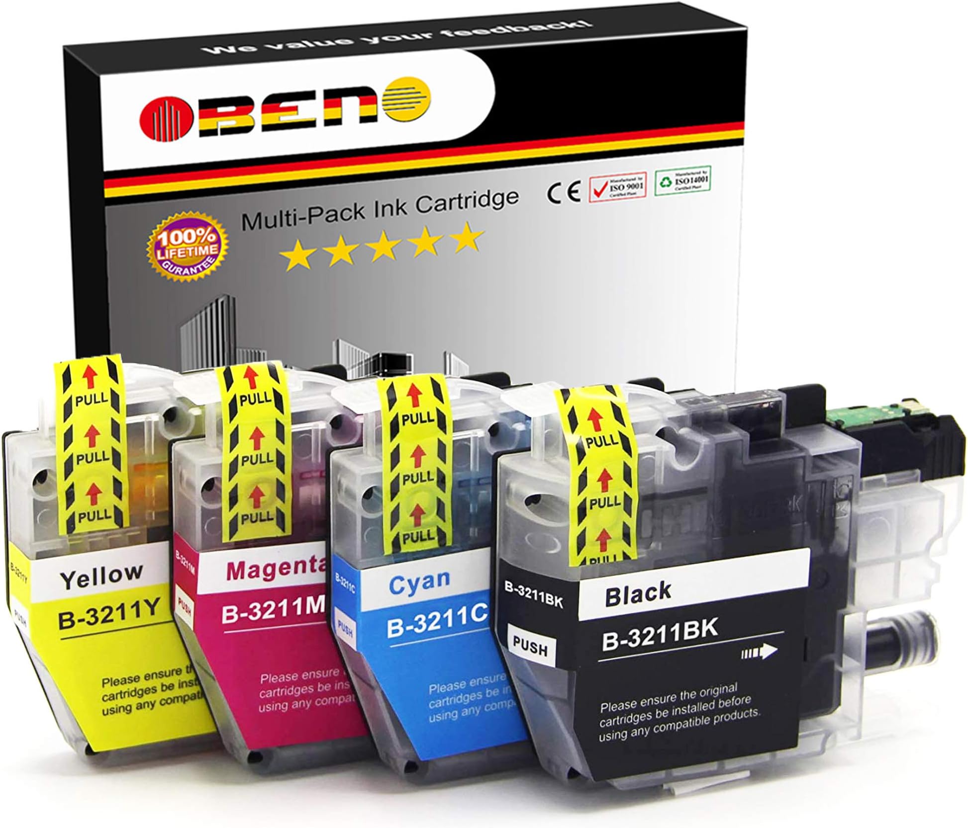 OBENO - 1 Set - LC3211 LC3213 4 Pack Compatible Ink Cartridges for Brother LC3211 MFC-J890DW, MFC-J895DW, DCP-J772DW, DCP-J774DW, DCP-J572DW (1 Black, 1 Cyan, 1 Magenta, 1 Yellow)