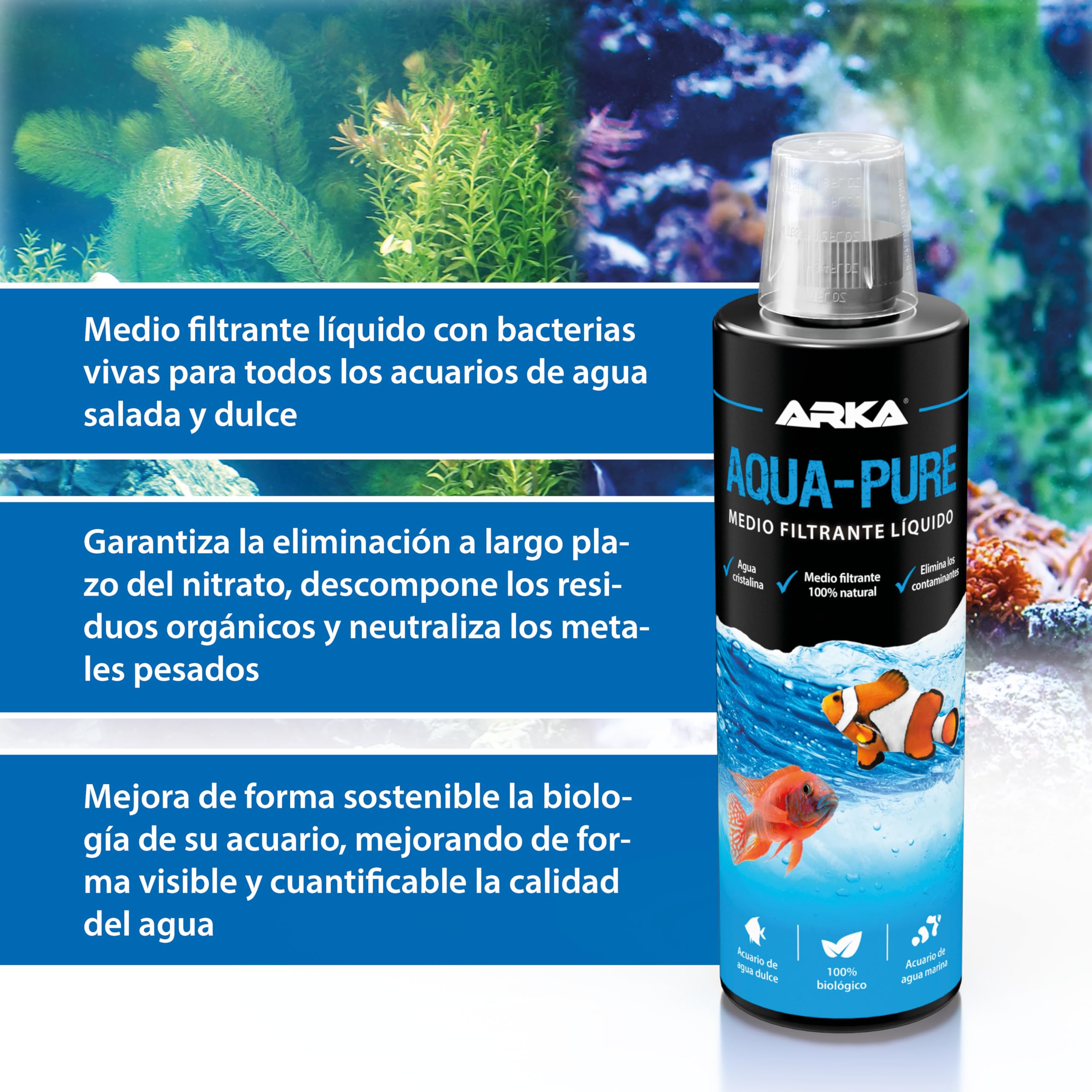 Aclarador de Agua Acuario 118 ml – ARKA Aqua-Pure – Elimina turbidez y residuos – Agua cristalina en acuarios Dulces y Marinos – 100% biológico con bacterias filtrantes – Seguro para Plantas