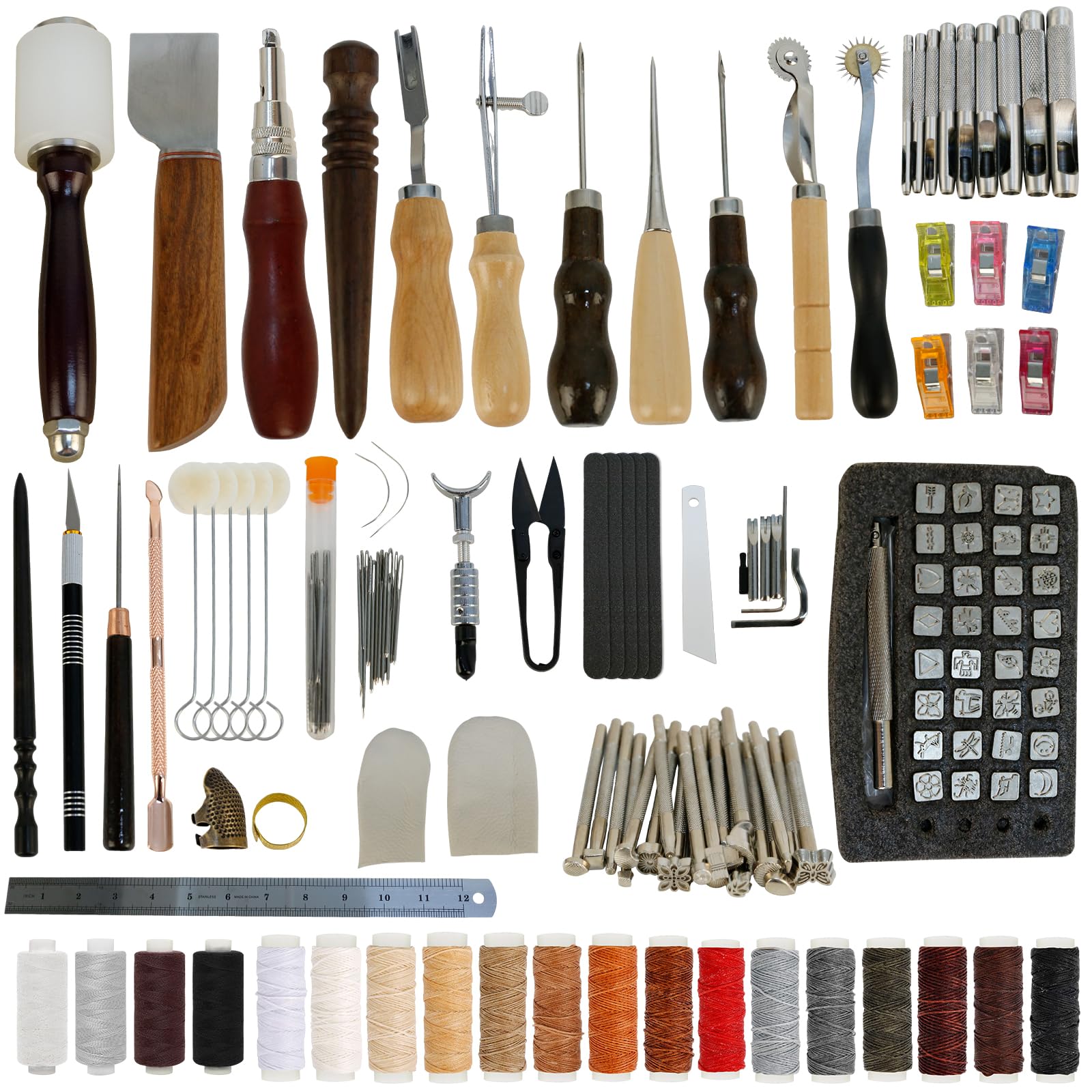 Kit de herramienta de cuero con bolso y herramientas para estampar, costura, tallar y perforar cuero