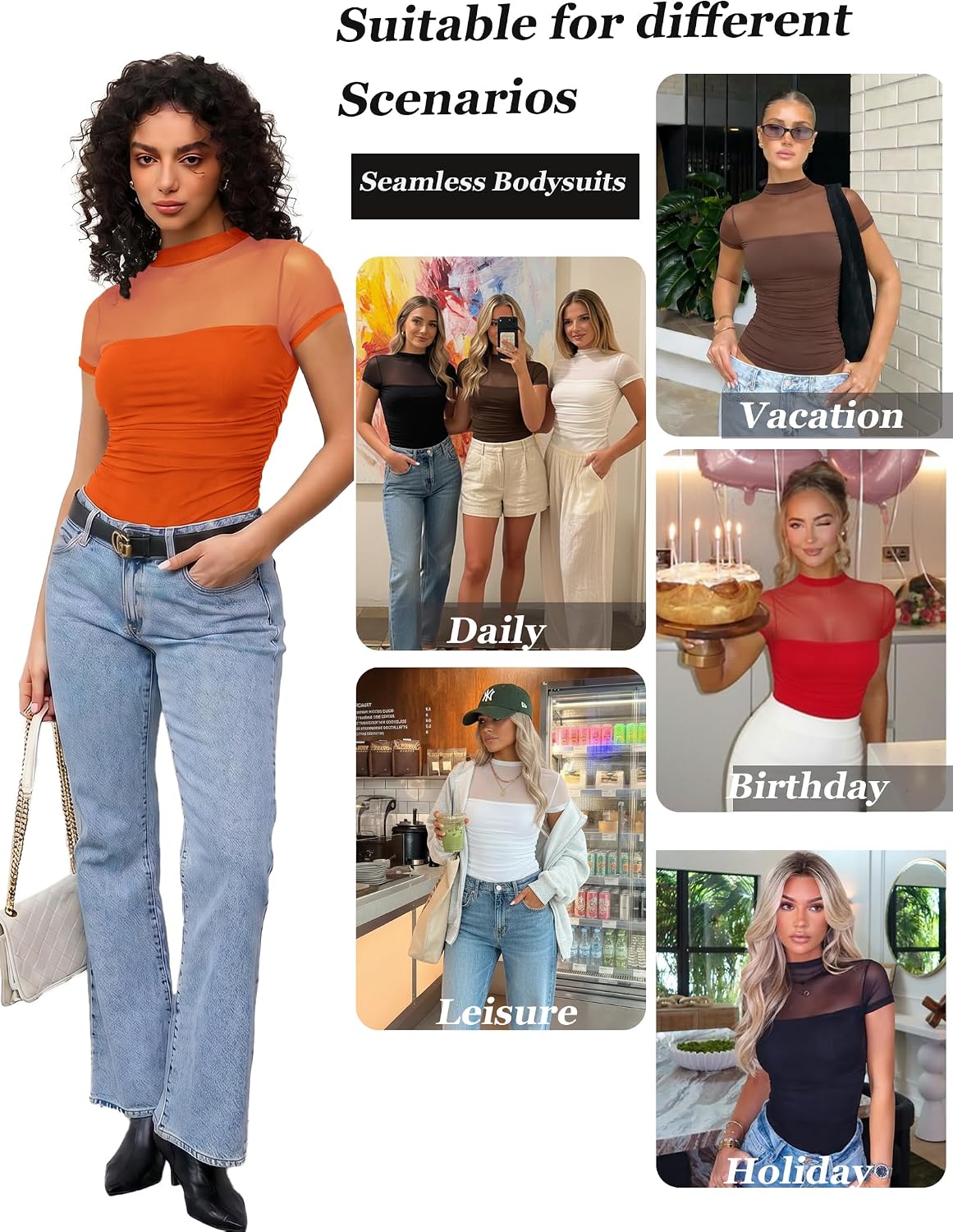 Avidlove Women's Short Sleeve Bodysuit Turtle Neck Body Suits Mesh One Piece Leotard Going Out Tops Date Outfits