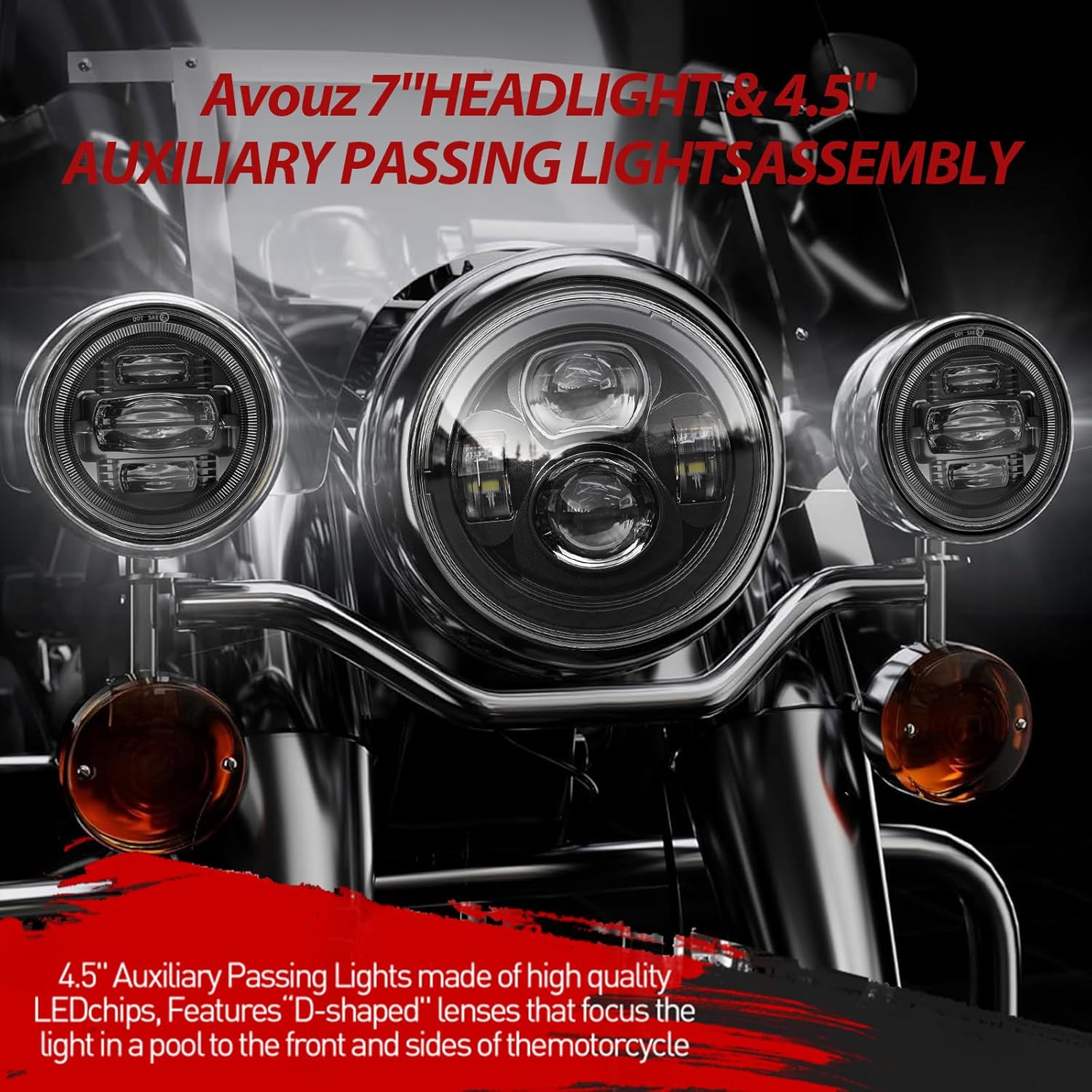 7 Inch Motorcycle LED Headlight 4.5" Fog Passing Lights DOT Kit for Harley Davidson Street Glide Touring Road King Electra Glide Fat boy Ultra Classic Heritage Softail Switchback CVO Tri Glide Black