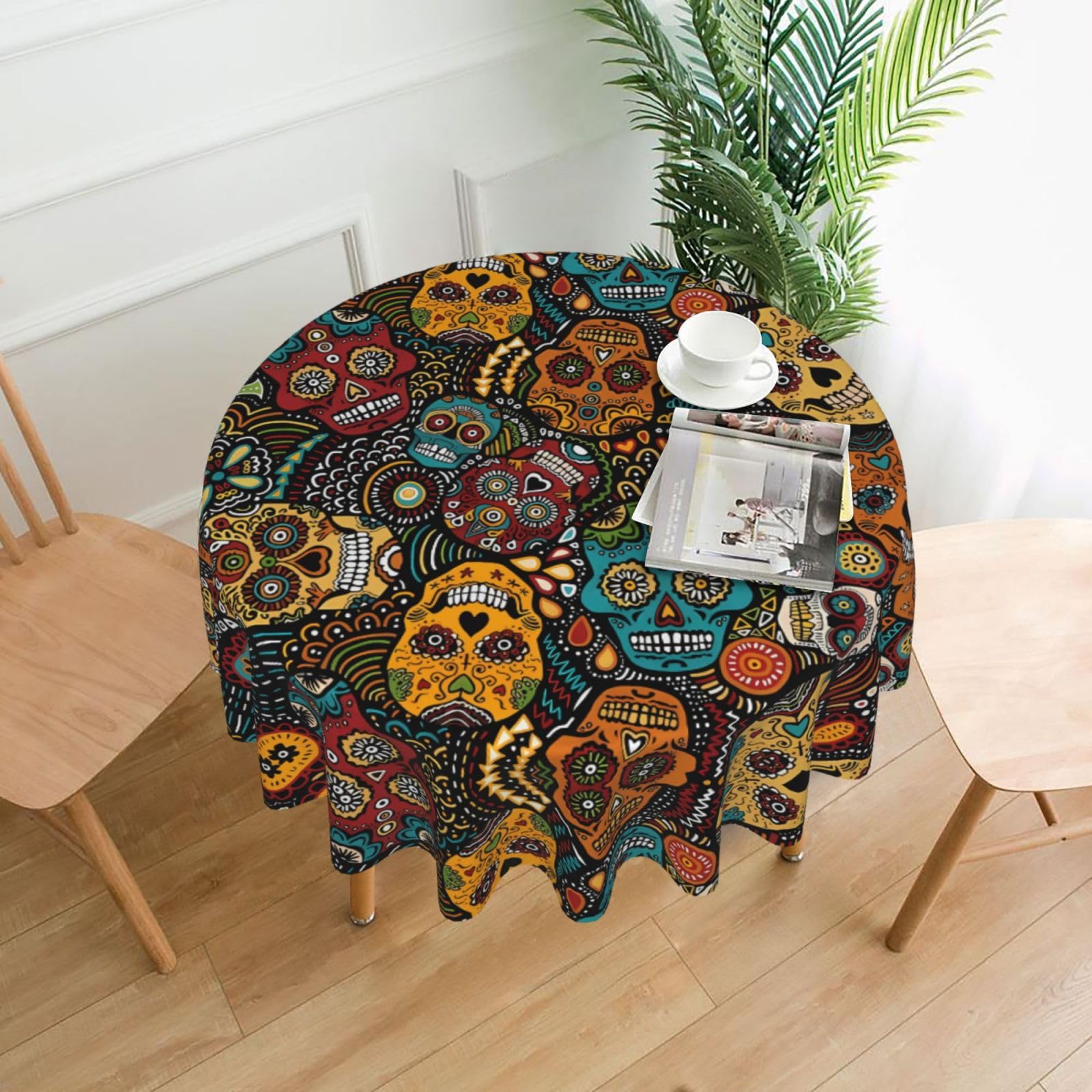 YYHWHJDE Sugar Skull Print Prints Round Decorative Tablecloth 60in - High-Grade Polyester Throw for Elegant Dining & Festive Gatherings