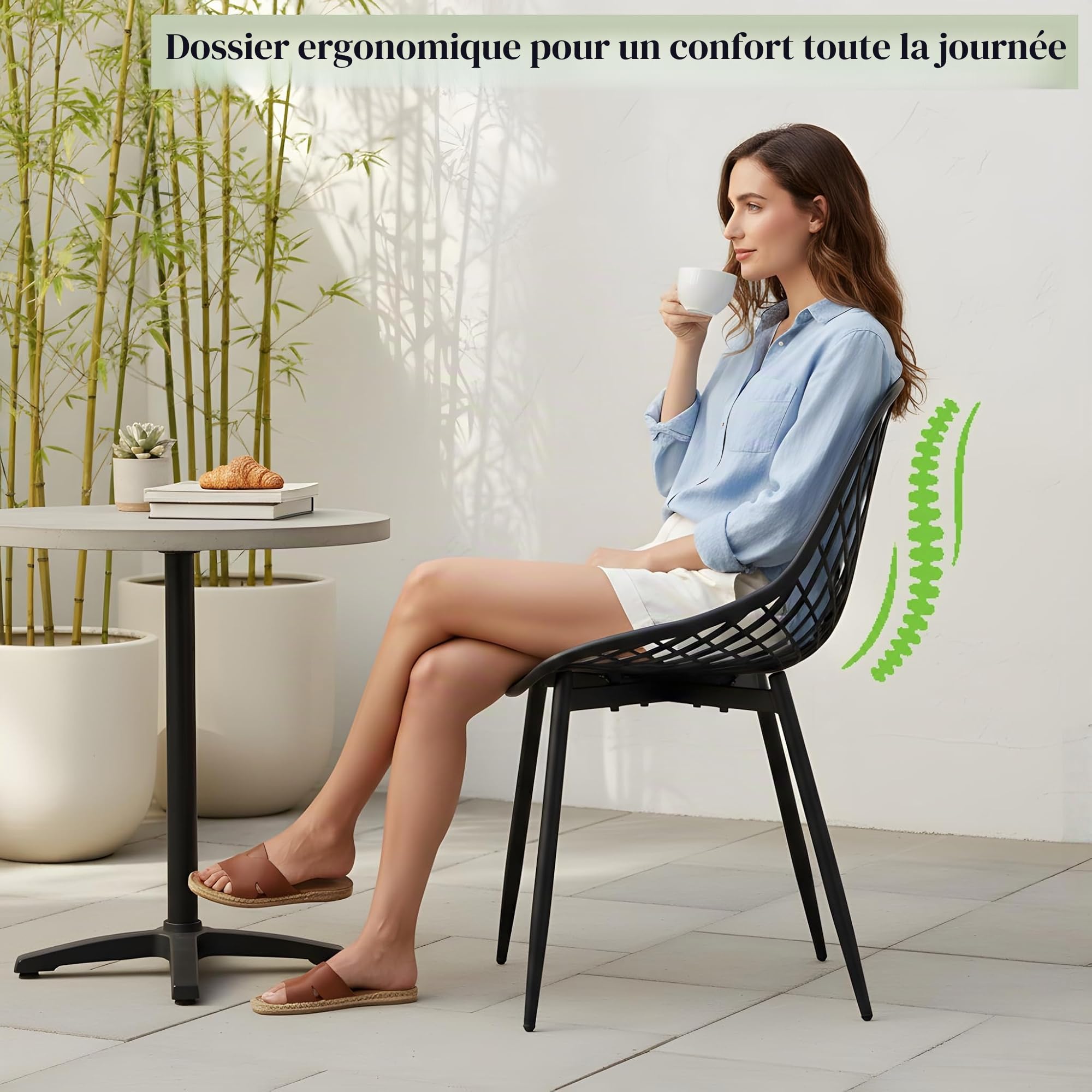 Lot de 8 chaises de jardin, de terrasse, résistantes aux intempéries et aux UV, en plastique, avec dossier, charge maximale : 150 kg, pour jardin, balcon, terrasse - Noir