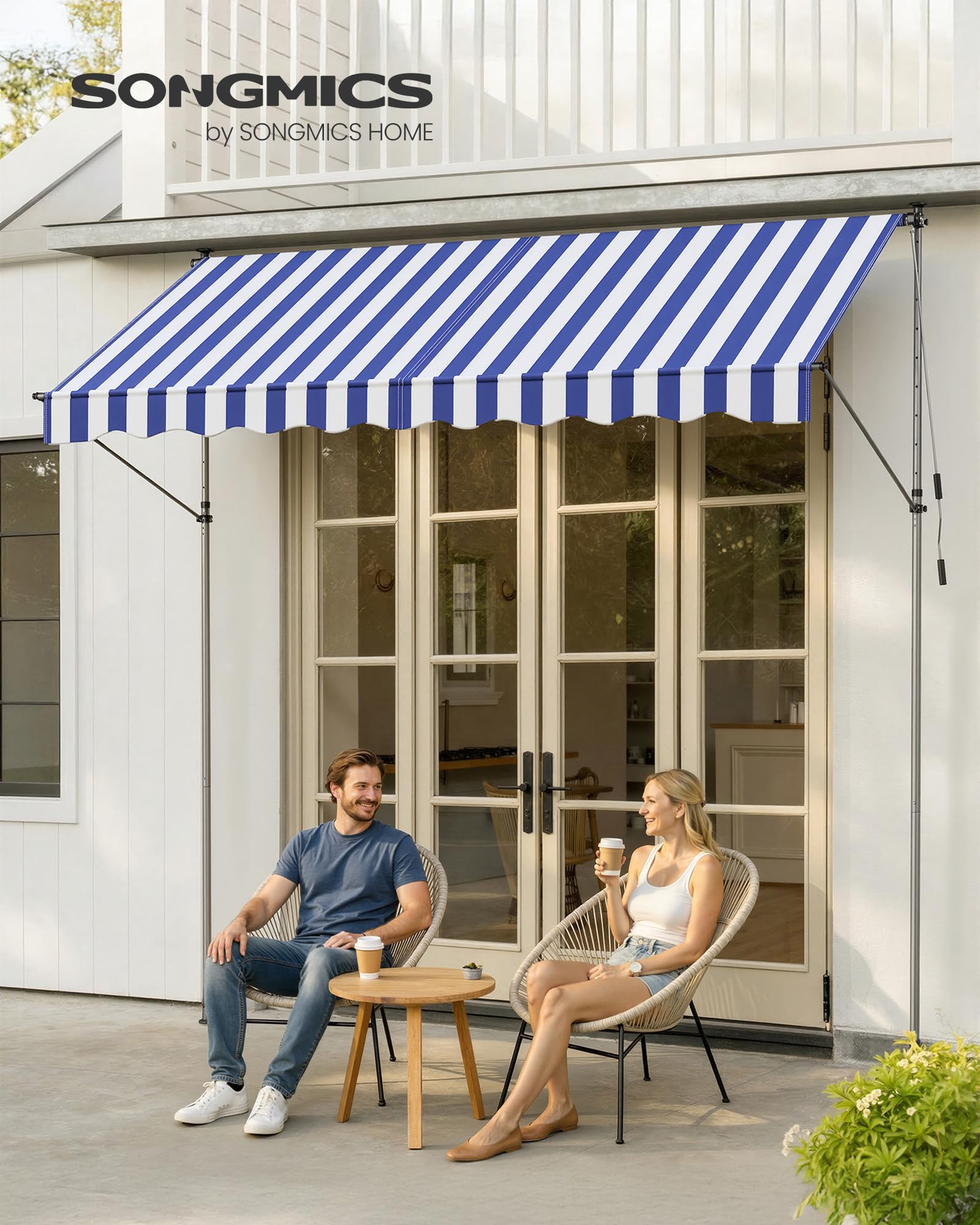 SONGMICS Tenda da Sole Avvolgibile, Tendalino Parasole Retrattile Manuale, Regolabile in Altezza con Manovella per Balcone Giardino Patio, 300 x 120 cm, Blu e Bianco GSA302QZ01