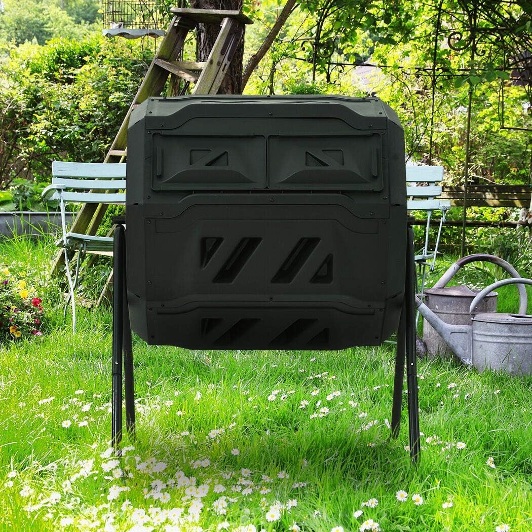 45 Gallon Rotating Compost Tumbler Bin, Large Dual Chamber Outdoor Garden Composter with Wider Animal-Proof Sliding Door for Home Garden Composting