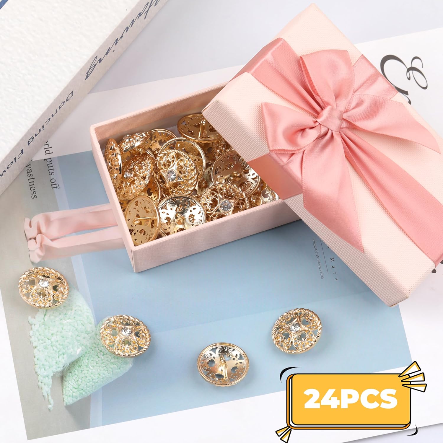 YAKA 24pcs Craft Buttons for Sewing Clothing, Gold Alloy Rhinestone Crystal Hollow Decorative Metal Cloth Buttons, 25mm, DIY Buttons Craft Supplies (Style5) - Image 4