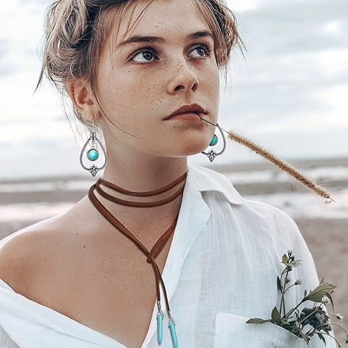Miniatura 3 de Hicarer Juego de 2 joyas de turquesa occidental para mujer, 1 collar largo con colgante de turquesa bohemio y 1 par de aretes bohemios occidentales,