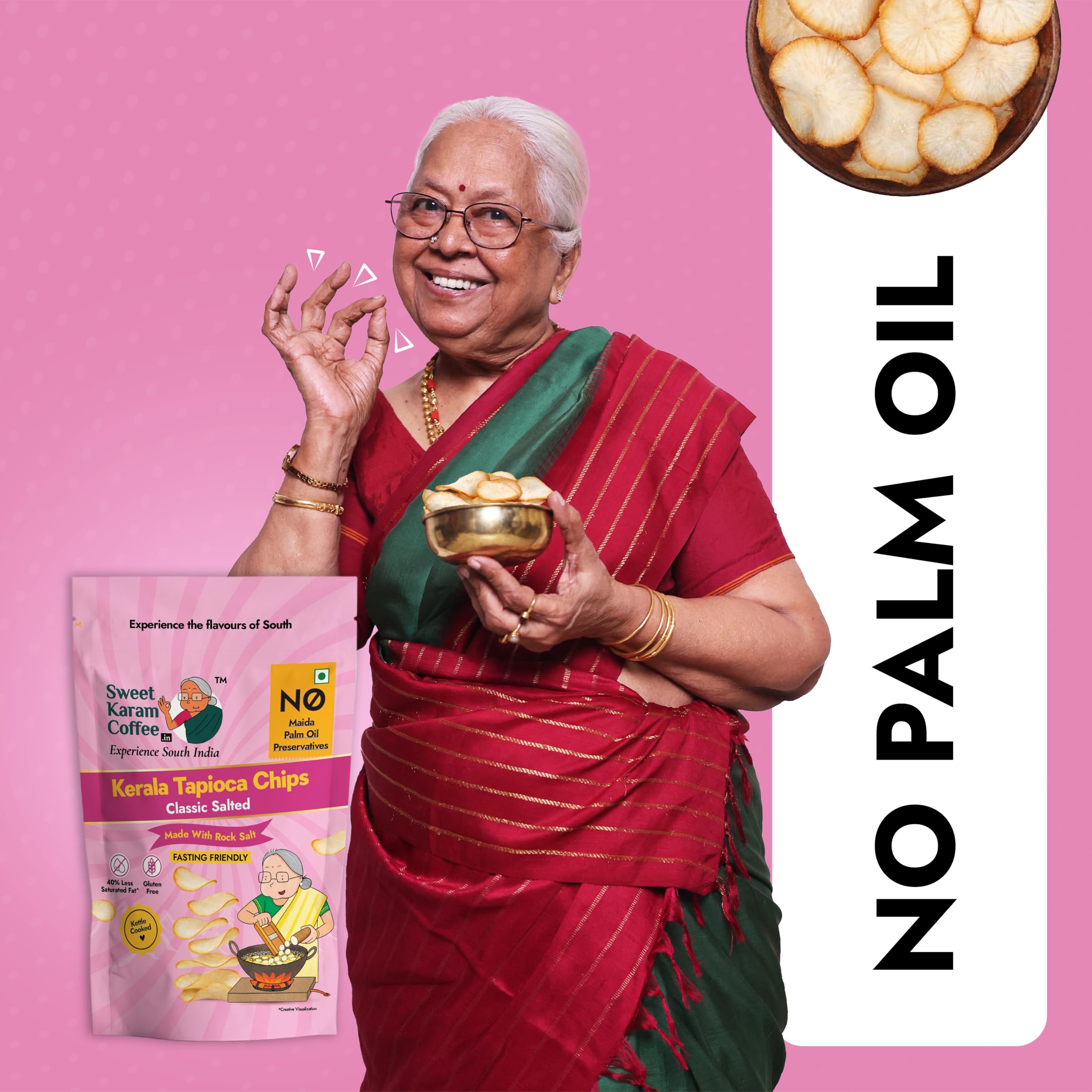 Sweet Karam Coffee Rock Salt Tapioca Chips - 65g | Fasting (Vrat) Special | No Palm Oil or Preservatives | Crispy Thin Sliced Kappa Wafers | Authentic Kerala Special Tea-Time Snack 2