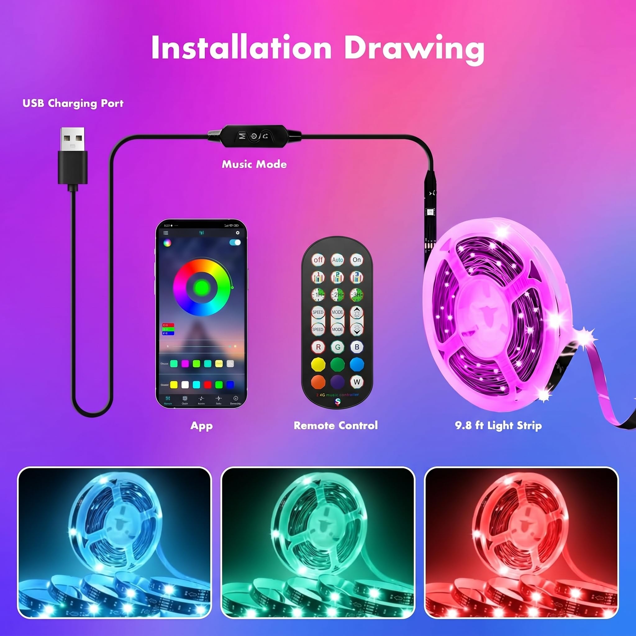 Luci a LED per TV, retroilluminazione RGB TV, luci LED da 5 m per TV da 45 a 75 pollici, sincronizzazione musica Bluetooth APP e telecomando USB alimentate striscia luci per camera da letto