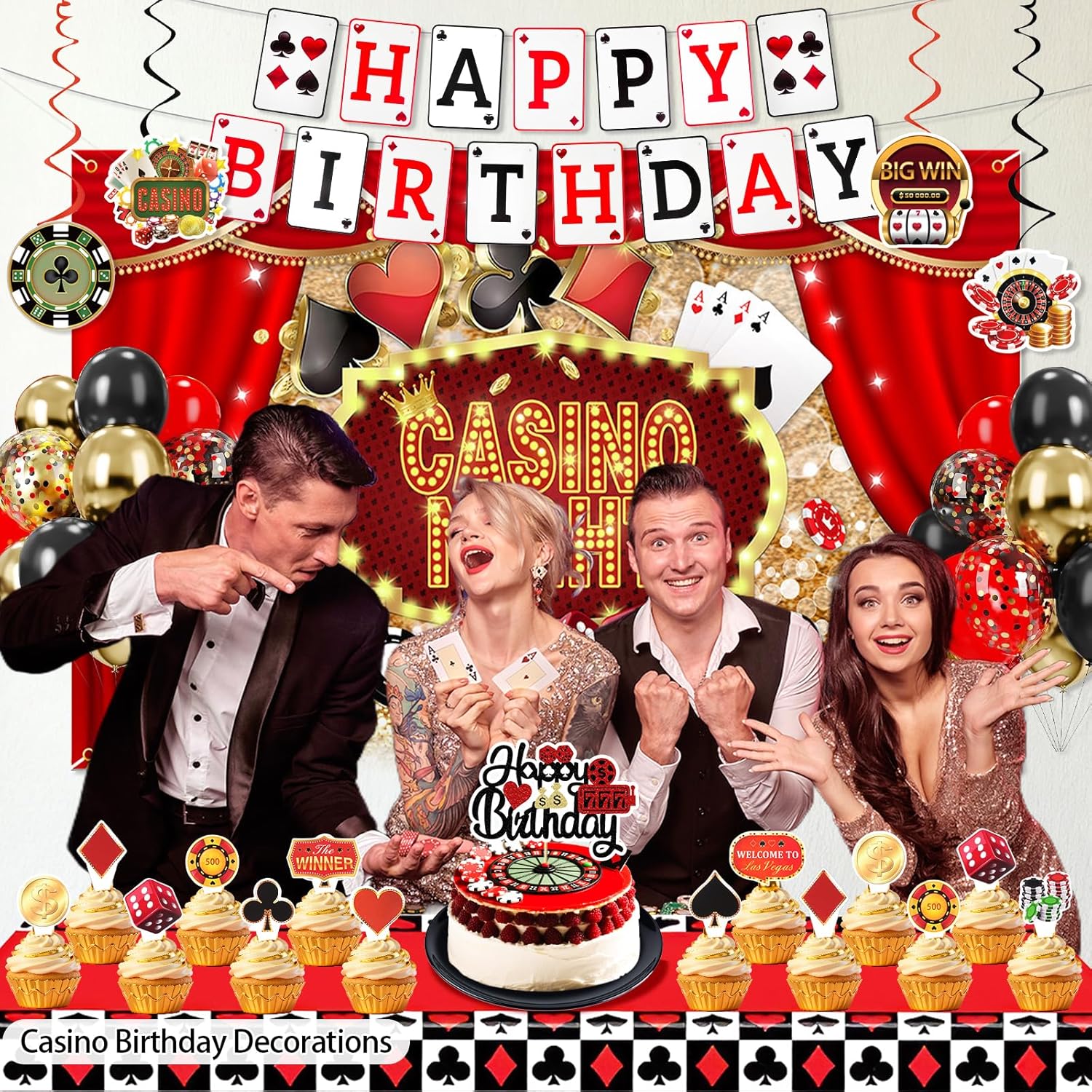 Casino Birthday Decorations - Casino Theme Birthday Backdrop, Banner, Hanging Swir, Latex & Foil Balloons, Cake & Cupcake Toppers for Poker Party Decorations - Image 2