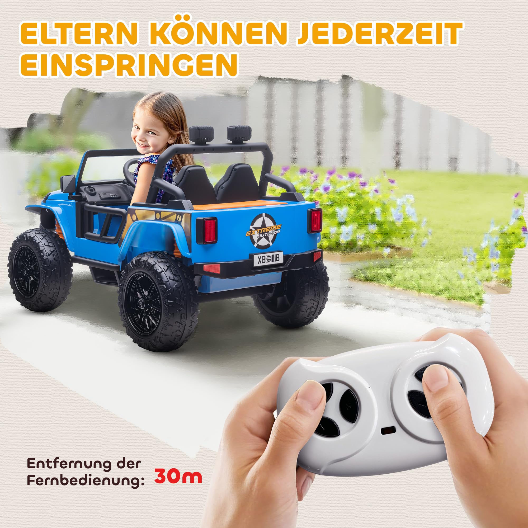 AIYAPLAY Kinder Elektroauto 12V mit Fernbedienung 2 Motor 3-8 Jahre Blau | Kinderauto Elektrisch, Kinderfahrzeug mit Hupe, LED, Musik, Elektrofahrzeug mit Eltern-Kind-Sitz, 4 gefederten Rädern