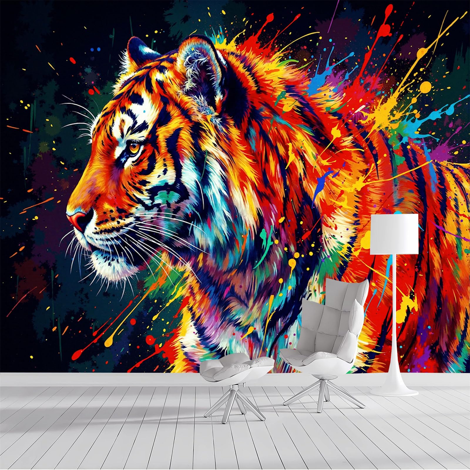 Mural fresque animal tigre pour transformer un salon terne en espace design