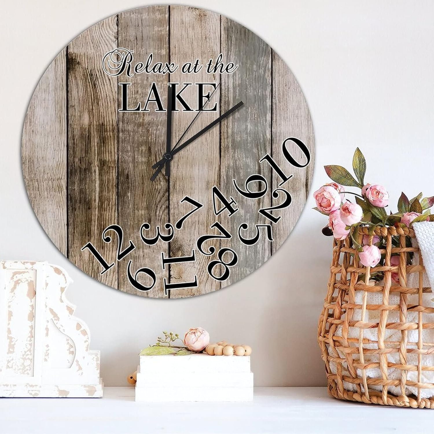 Wood Clock for Wall Decor,Wood Grain Relax at The Lake Retro Silent Non-Ticking Battery Operated Wall Clock Rustic Wooden Clock 15 Inch Wall Art Housewarming Gifts