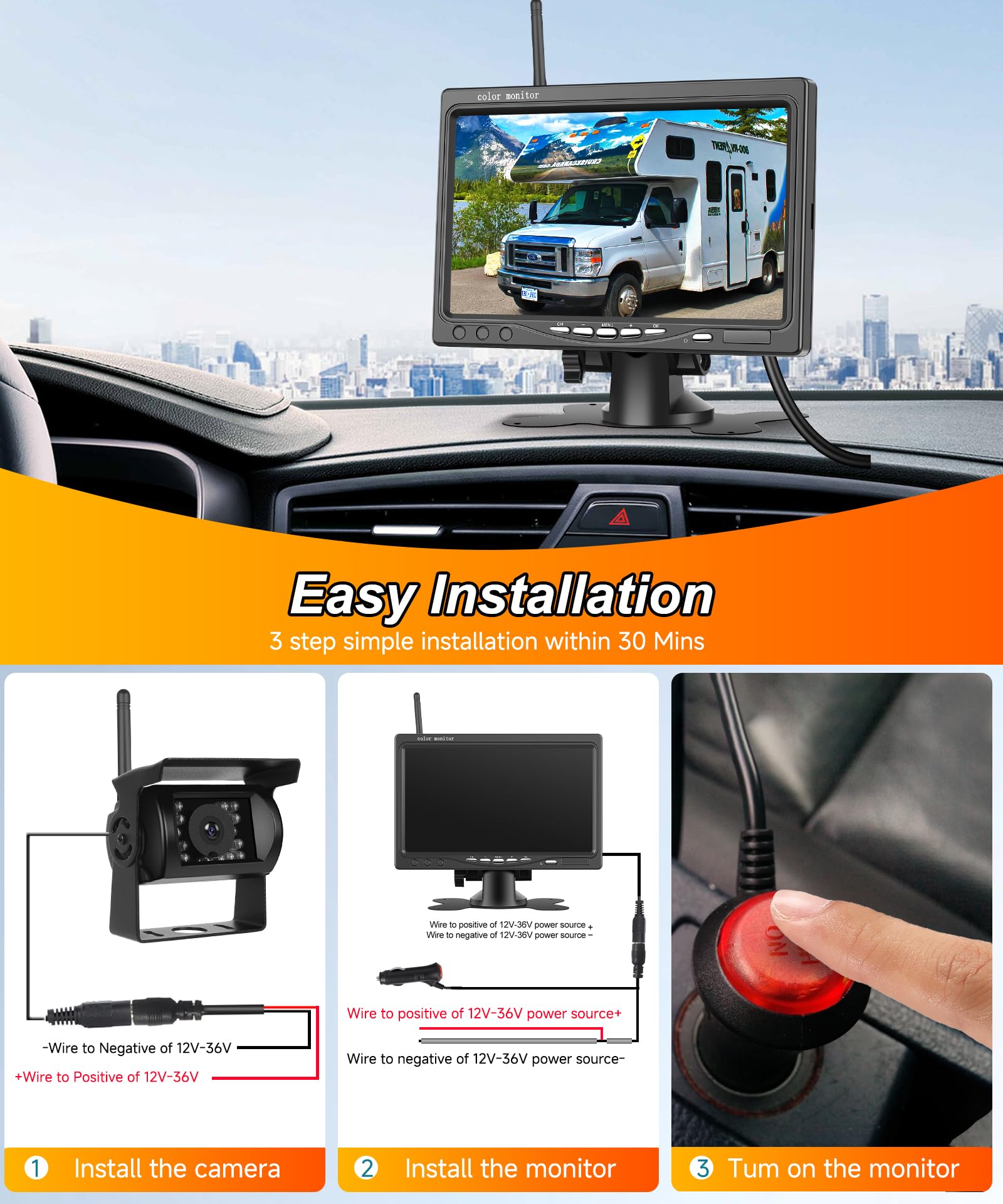 VECHTEL 4*Rückfahrkamera kabellos mit 7 Zoll IPS Monitor,BSD System,4-Fach-Bildschirm,Einparkhilfe,1080p AHD Rückfahrkamera Auto Nachtsich/IP68 Wasserdicht für SUV LKW Wohnmobil,DC 12–36 V