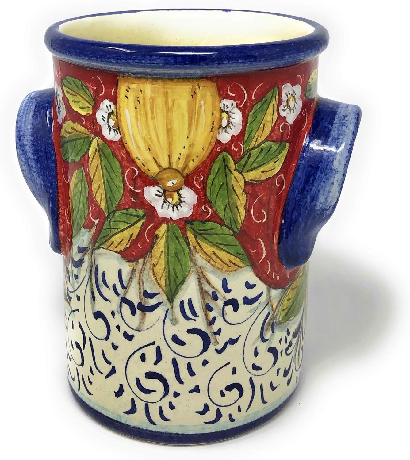 CERAMICHE D'ARTE PARRINI- Italian Ceramic Utensil Holder Wine Bottle Hand Painted Made in ITALY Decorated Three Lemons Tuscan Art Pottery