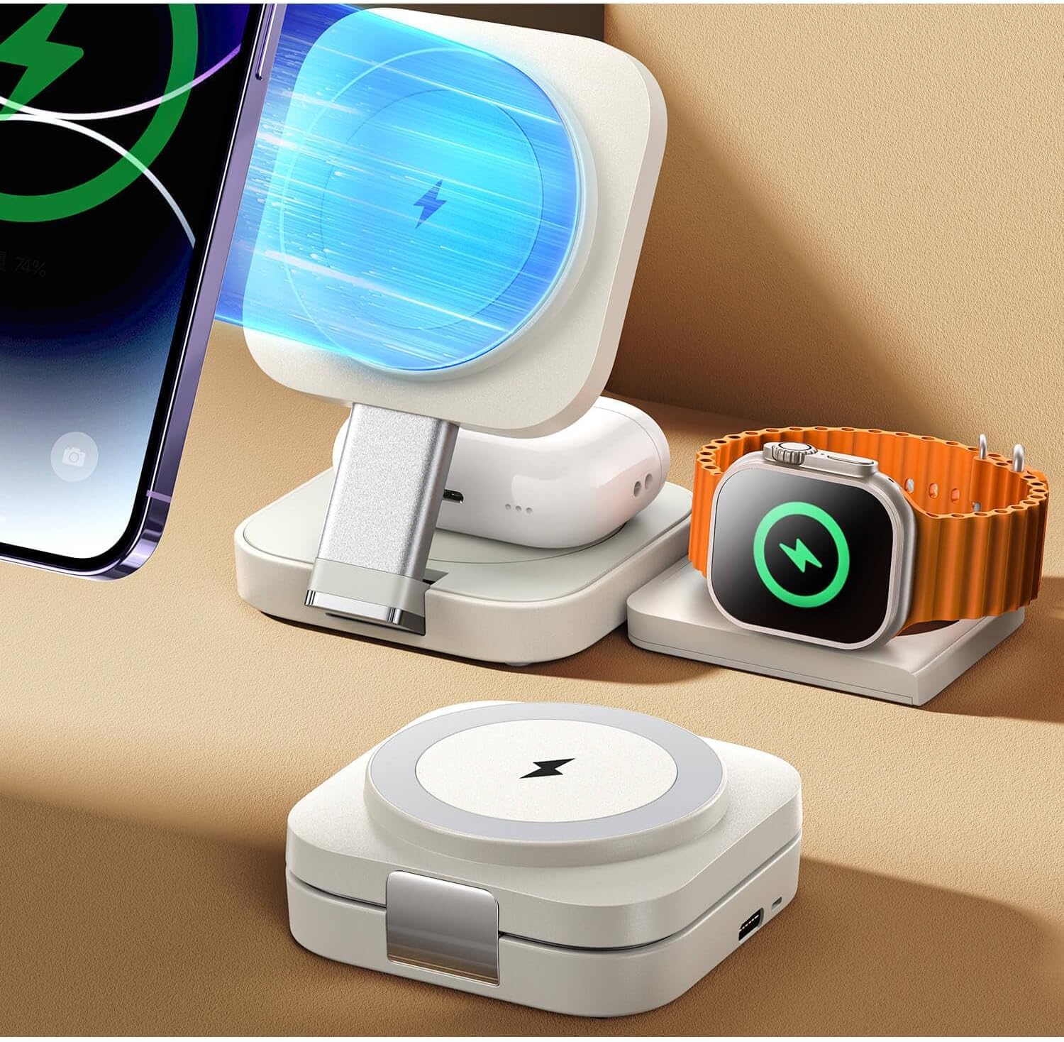 LISEN 3 in 1 Charging Station for Apple Devices Magsafe Wireless Charger Pad for iPhone, Travel Wireless Charging Station for Multiple Devices Fits iPhone 15 Pro Max Magsafe Charger Airpods I Watch