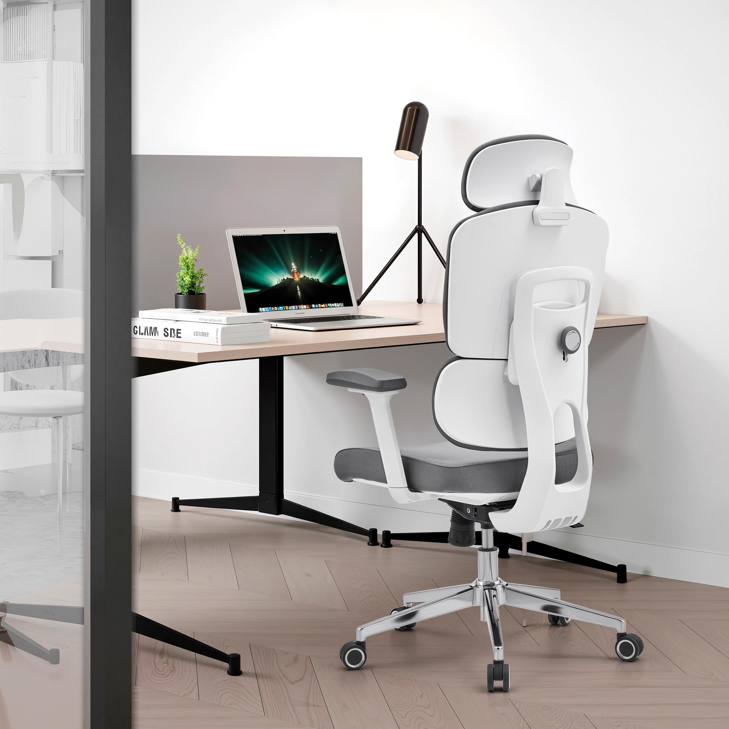 hjh OFFICE Ergonomiczne krzesło biurowe Ergomy WF 2 – krzesło obrotowe z regulowanym zagłówkiem, podłokietnikami 3D i mechanizmem synchronicznym – wytrzymałe obicie materiałowe, szare