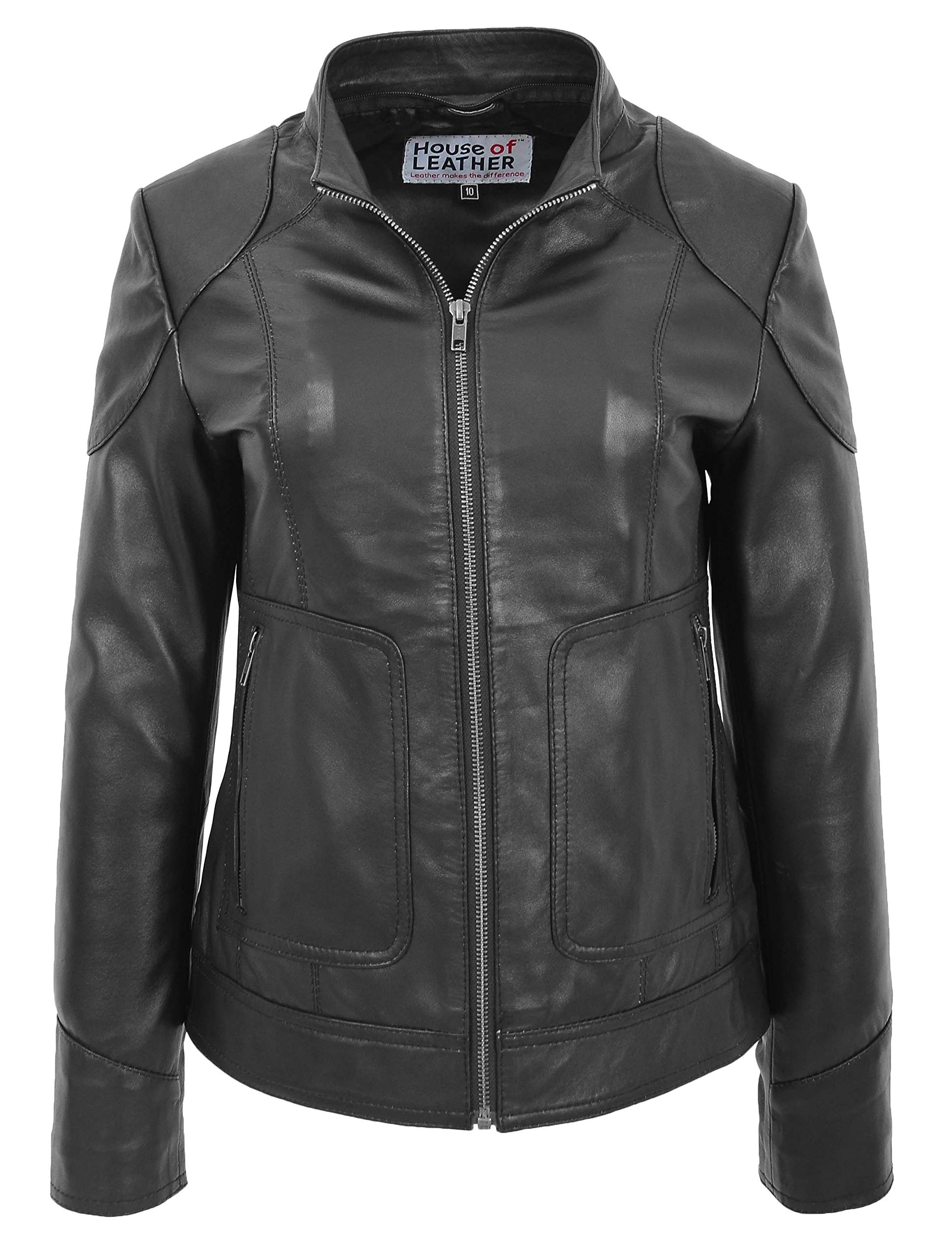 Chaqueta de cuero real para mujer con capucha desmontable estilo motero Brooke negro