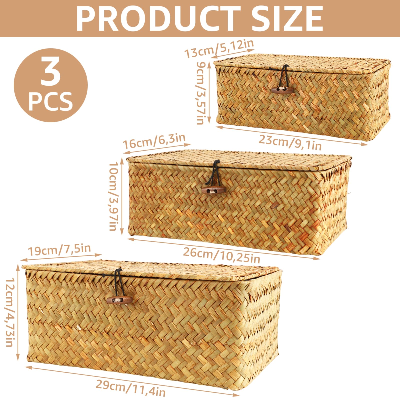 APACALI 3 Pezzi Cestino in Rattan, Cesto Rettangolare in Crine Vegetale con Coperchio, Cesto Naturale Intrecciato in Crine Vegetale, Cestini in Vimini per Scaffali, Organizzazione in Crine Vegetale
