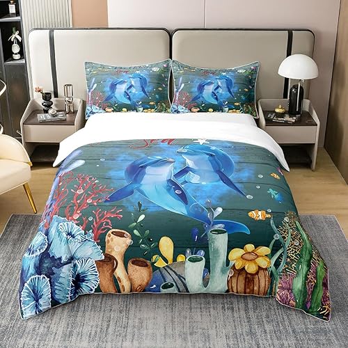 Erosebridal Lindo delfín - Funda de edredón de algodón 100% natural para adultos y adolescentes, juego de ropa de cama de olas de mar azul, funda de