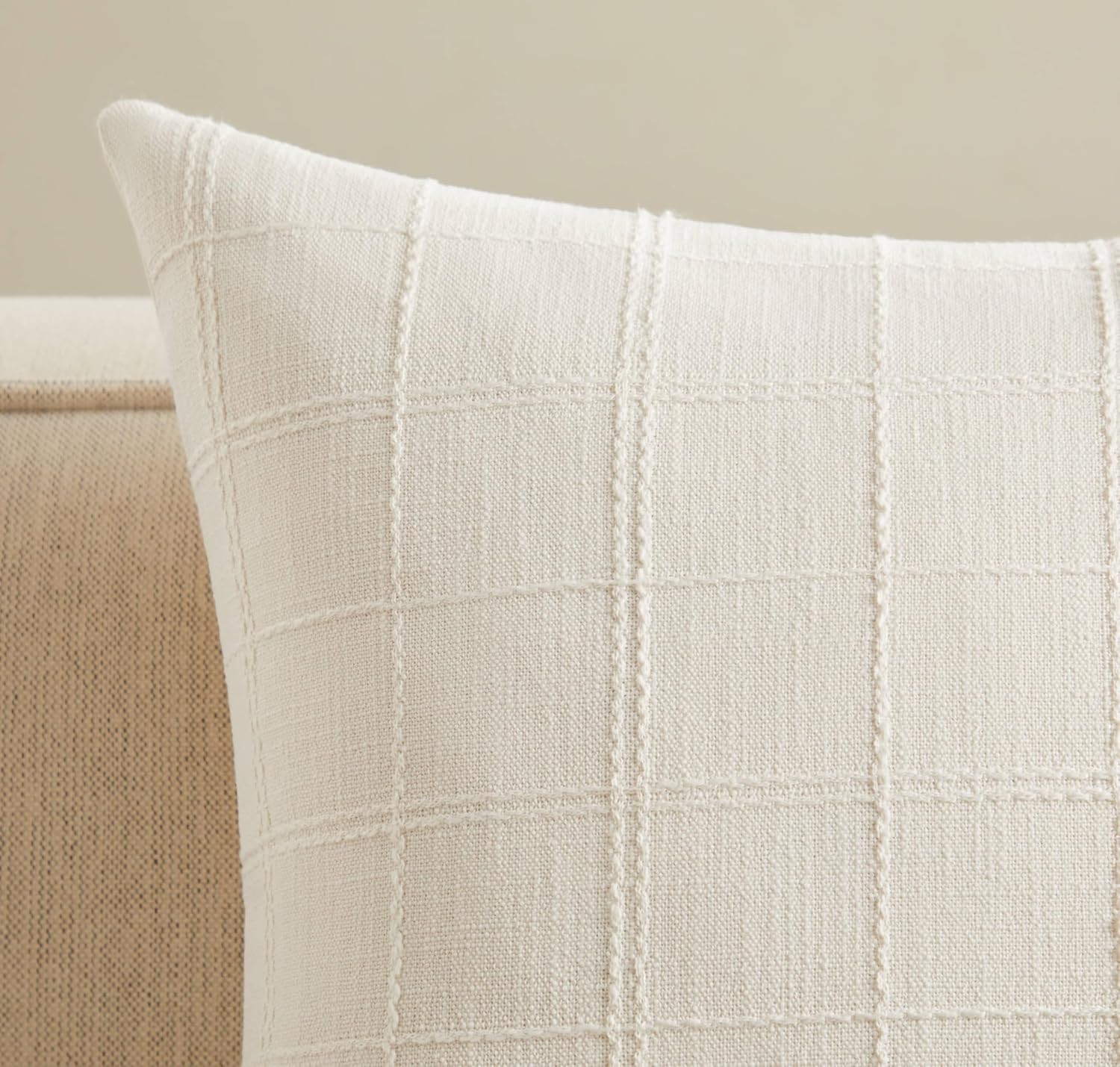 ZeeMart Linen Checked Throw Pillow Covers Set of 2, 22x22 Inch Ivory/Cream, Farmhouse Decorative Single Sided Grid Embroidered Couch Pillow Cases Off White Cotton Linen Cushion Covers - Image 3