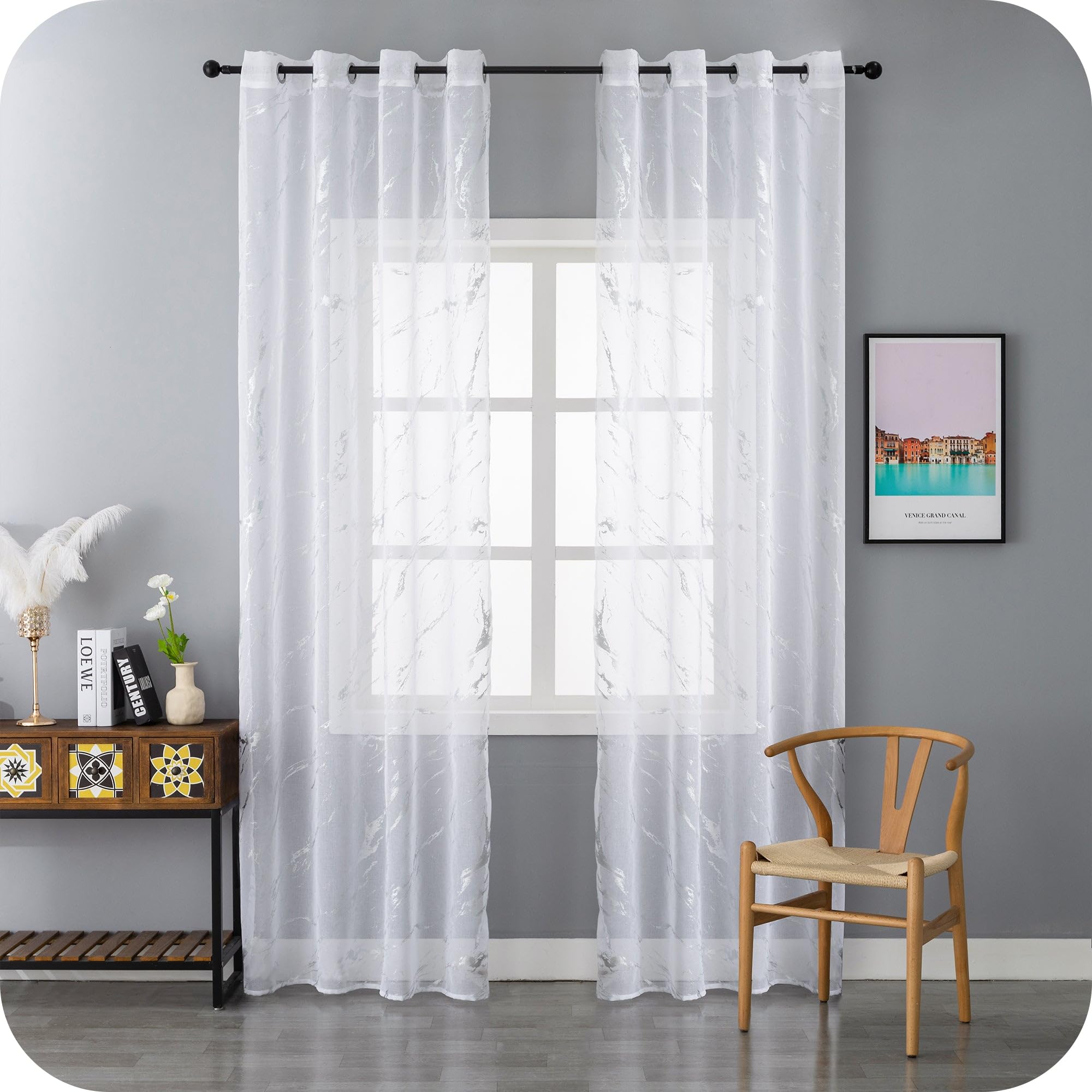 GIRASOLE HOME Coppia Tende Favignana Filtranti Fantasia Argentata Effetto Marmo 2 Pannelli da 140x150cm con Occhielli, Bianco
