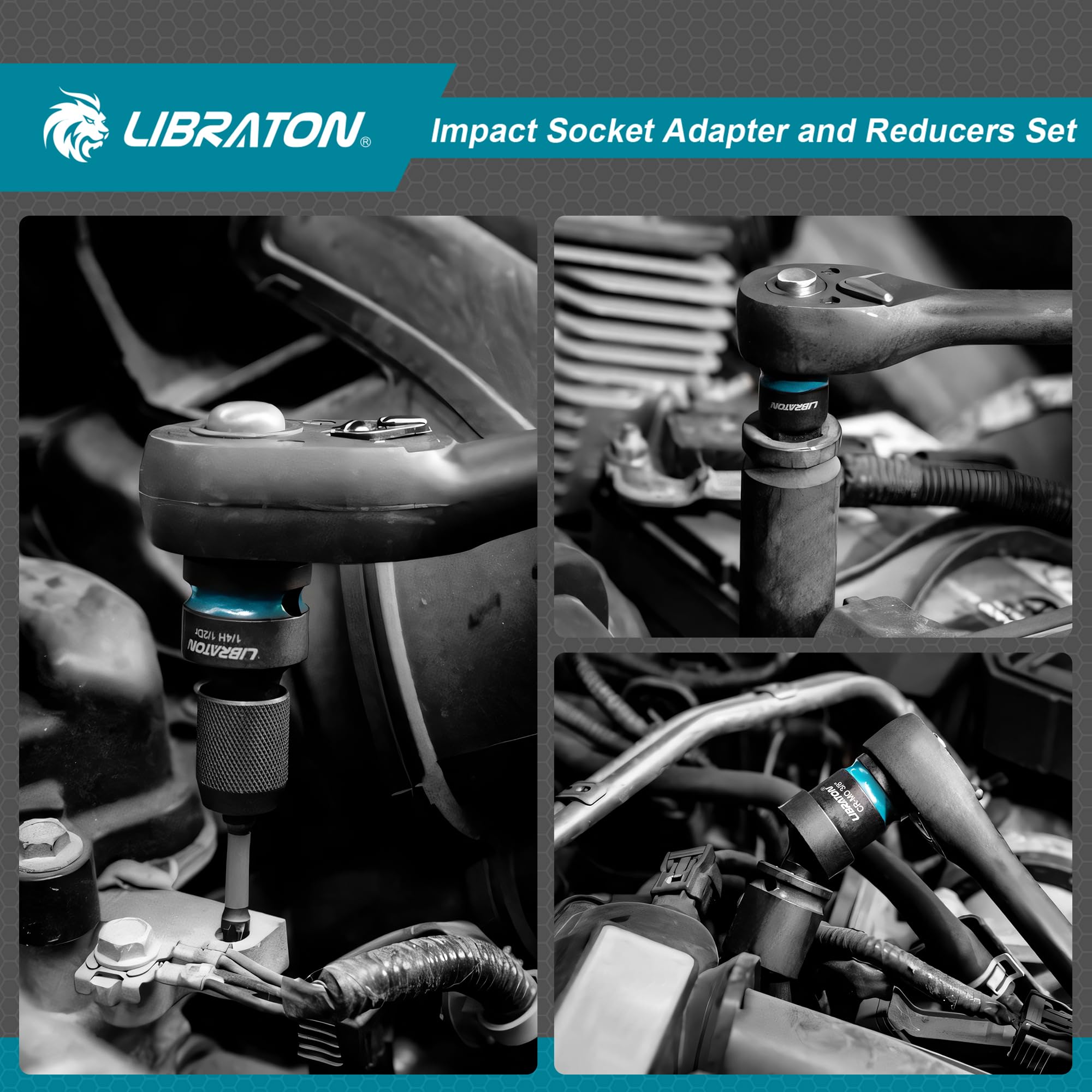 LIBRATON Juego de 11 Adaptadores y Reductores de Vasos de Impacto, Reductores de Adaptadores de Vasos, Junta Universal Impacto, Adaptadores de Cuadrada a 1/4" Hex, Vasos para Reparación Auto, con Caja