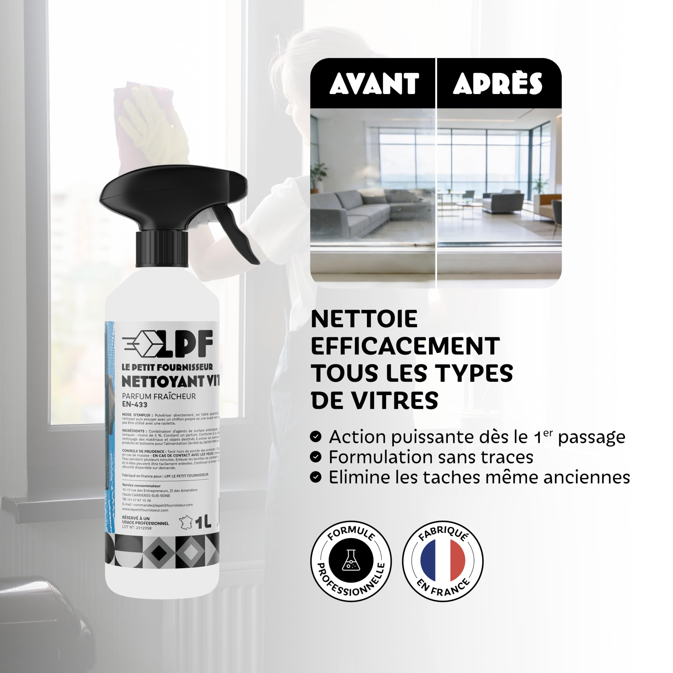 LPF LE PETIT FOURNISSEUR - Nettoyant Vitres Spray 1L - Produit Vitres Sans Trace - Action Anti-Buee Dégraissante - Surfaces Verre Miroir Plexiglas - Prêt à l'Emploi - Lot de 12
