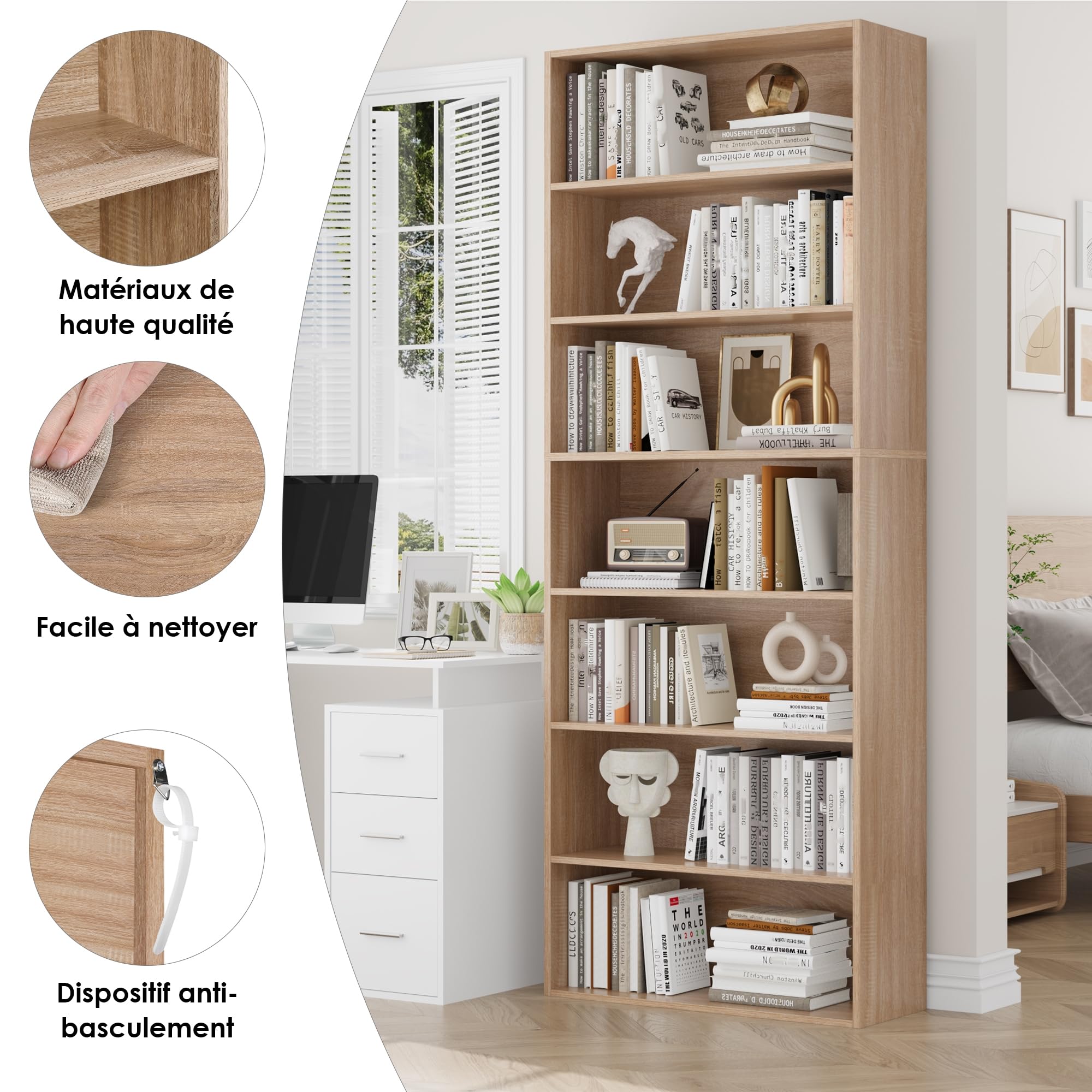 FirFurd Bibliothèque Étagère de Rangement 7 Niveaux Bibliotheque Meuble de Rangement Bibliothèques pour Salon Bureau Chambre 209,5 x 60 x 23,5 cm, Chêne