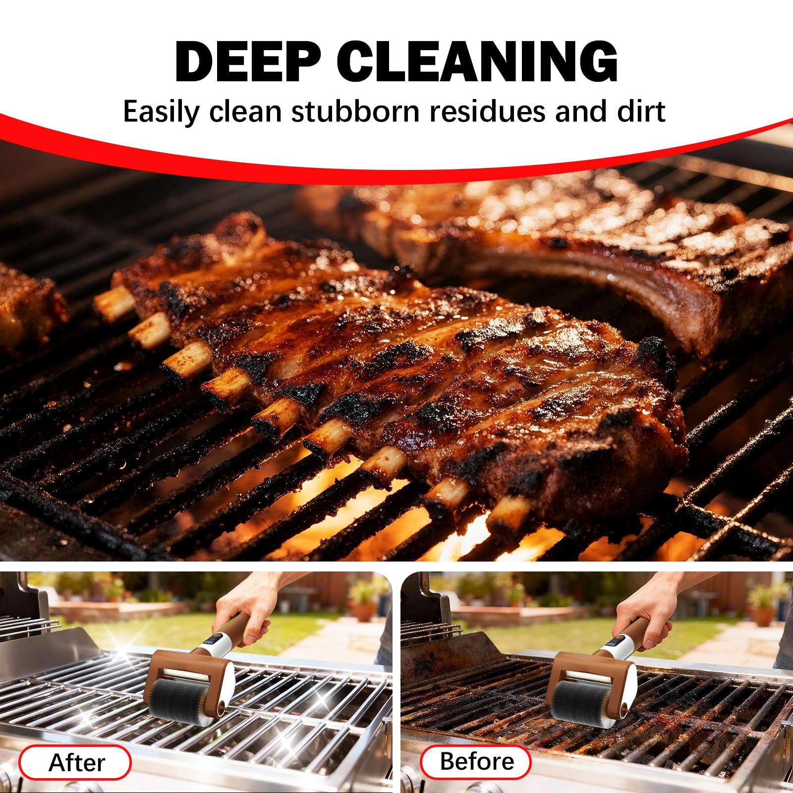 Spazzola elettrica per grill, spazzola per barbecue a 2 velocità con luce LED/schermo pulizia potente 800 giri/min, 4000 mAh/2 testine senza setole spargimento ricaricabile leggero detergente
