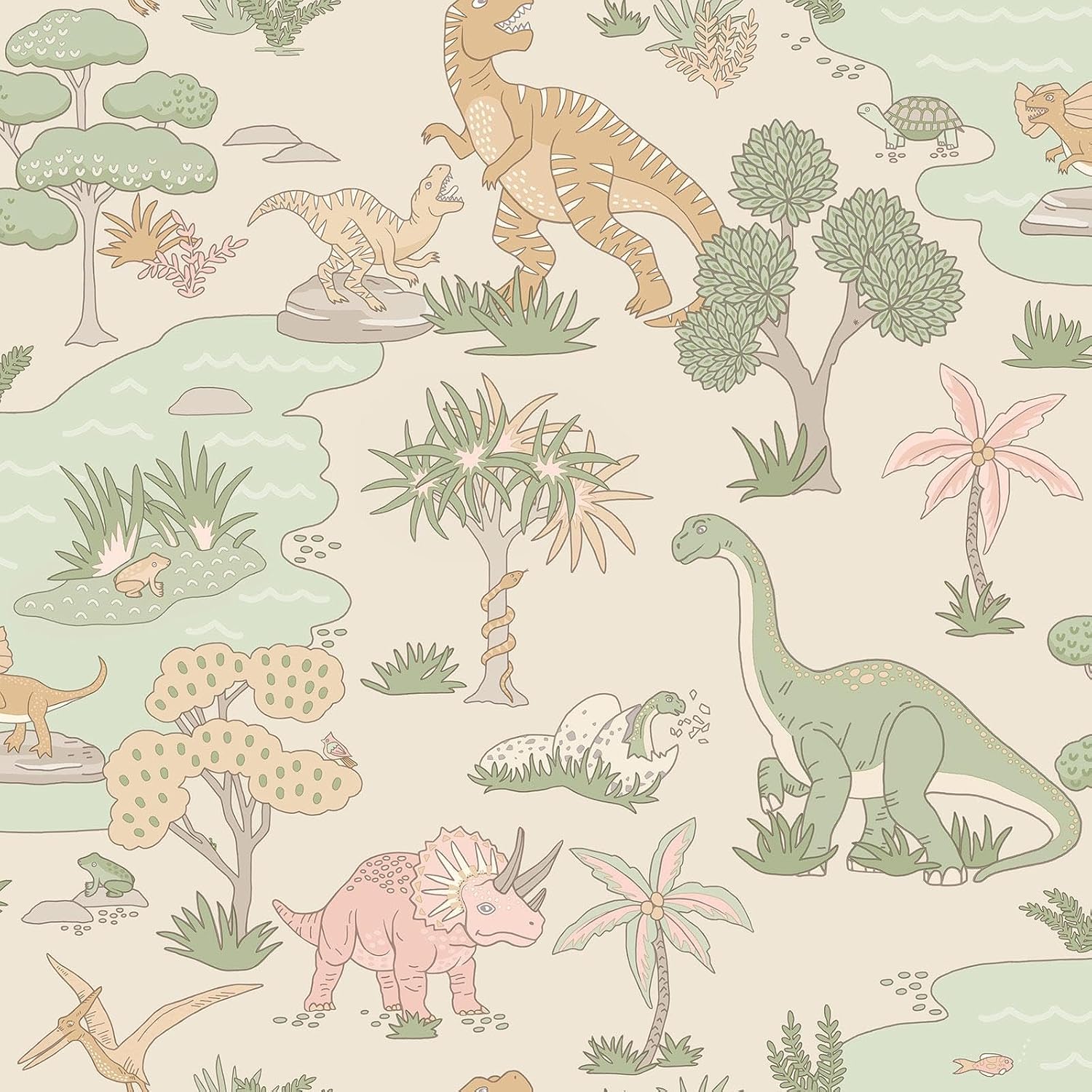 Holden Storybook Dino Zoo Cute Dinosaur Themed Wallpaper with Prehistoric T-Rex Velociraptor Snakes Animals for Children's Bedroom Nurseries for Boys and Girls Pink/Sage Green (14013)