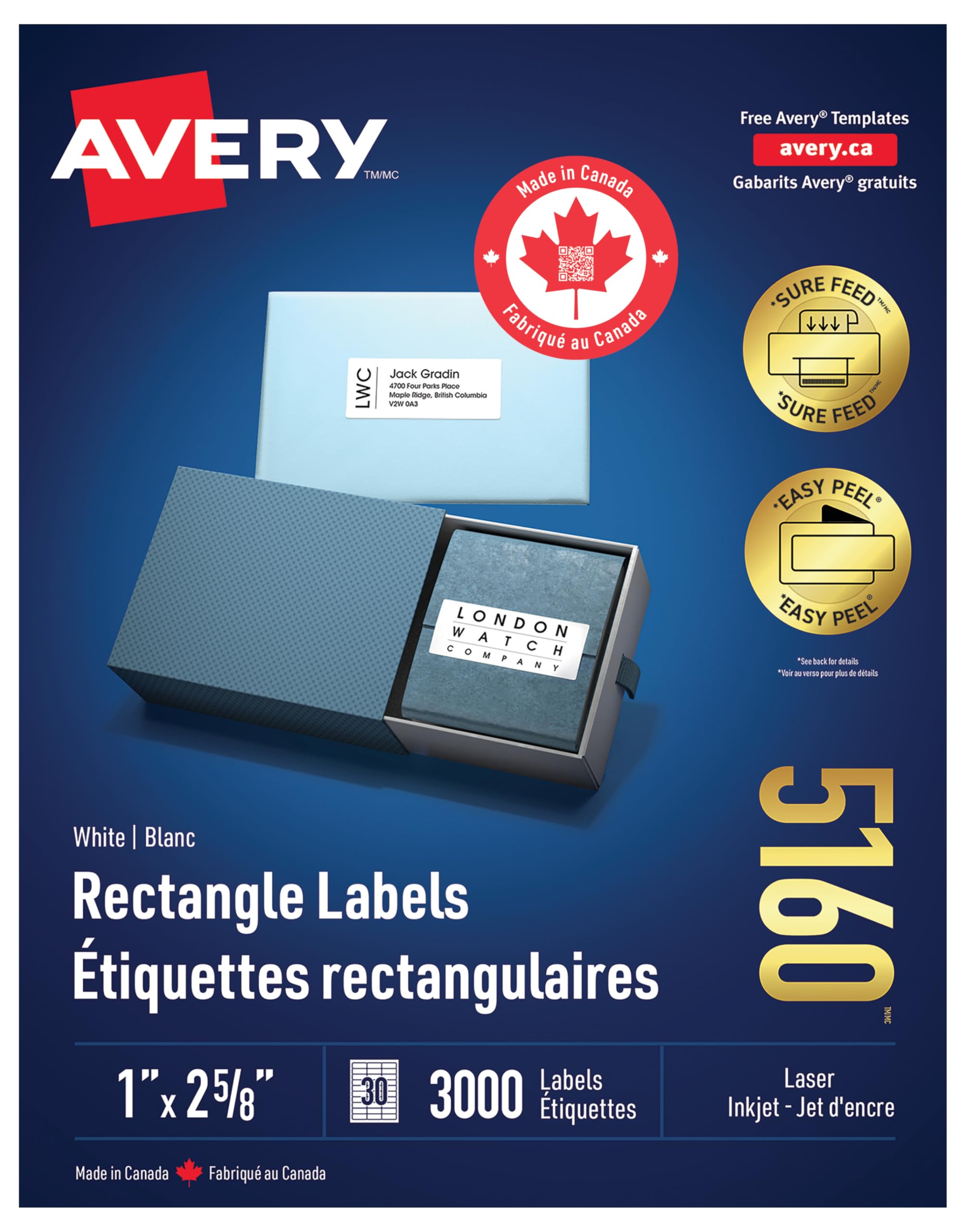 Avery 5160 White Rectangle Labels, 1'' x 2-5/8'' 30up 3000, FBA, Laser/Inkjet Printers Label, Permanent, (5160), Made in Canada image 3