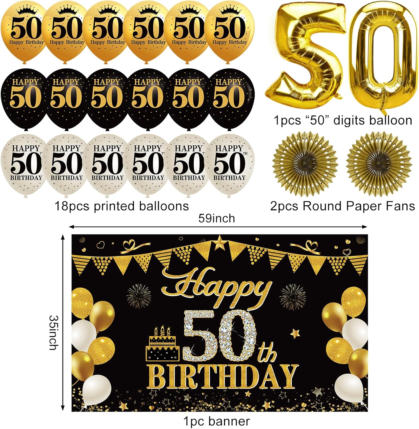 50歳の誕生日デコレーションキット 男女兼用 ハッピー50歳の誕生日バナー パーティー用品 ブラックゴールド 50歳の誕生日バルーン
