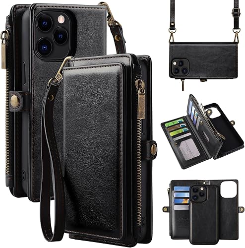 MInCYB Compatible con iPhone 15 Pro Max Crossbody Wallet Case, iPhone 15 Pro Max de piel sintética desmontable con cremallera magnética, con correa