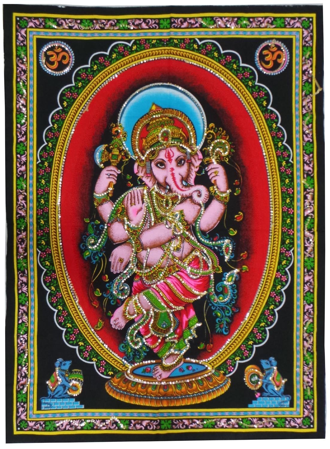 Rastogi Handicrafts Cotton Wall Hanging Indian Goddess Indian Deity 40" X 30" Poster Size (DANCING GANESH-G)