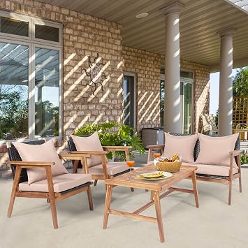 Tangkula 4-Piece Patio Furniture Set, Outdoor Acacia Wood Conversation Set with Cushions and Coffee Table, Outdoor PE Wicker Sectional Sofa Set for Garden, Poolside and Backyard (1, Beige)
