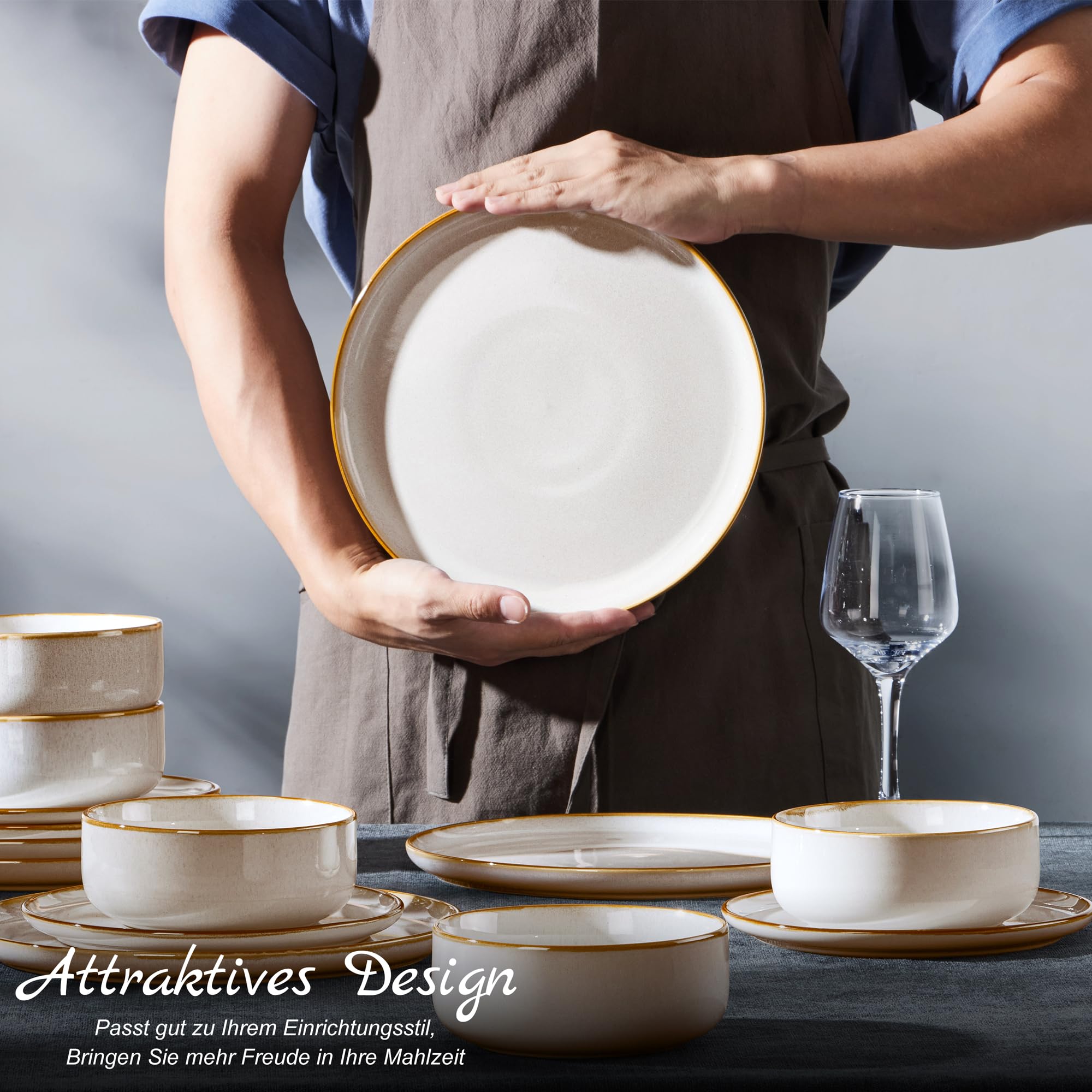 Homikit vajilla para 6 personas, vajilla de gres de 18 piezas, de esmalte reactivo con cuenco y plato, resistente a los arañazos, apta para microondas y lavavajillas, Jupiter Beige