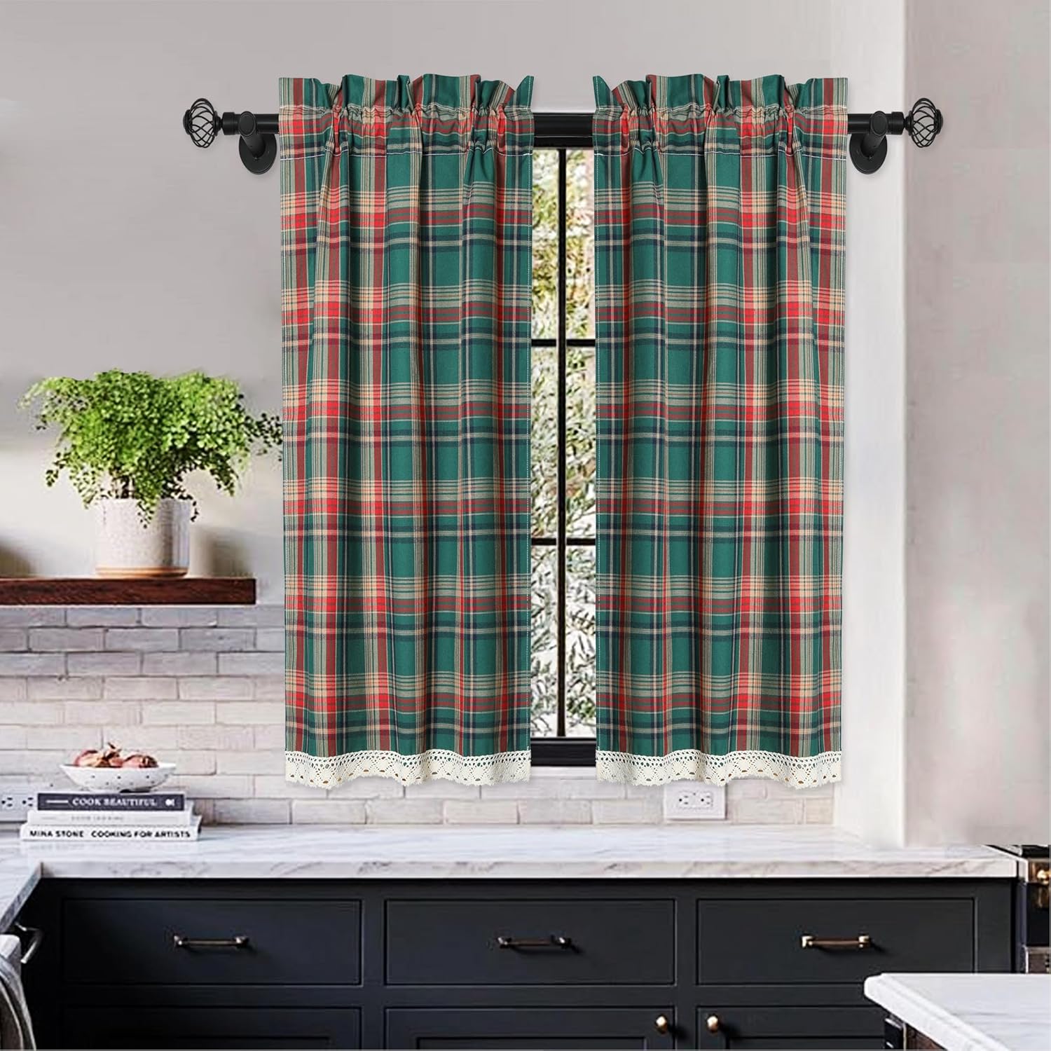 2 Pcs Scottish Plaid Tier Curtains Rod Pocket Small Window Curtain Green Vintage Geometric Design Kitchen Bathroom Curtains with Lace Trim, 28x48 Inches