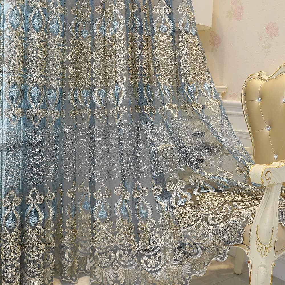 Amidoudou 1 Pair European Jacquard Sheer Curtains Embroidered Tulle Curtains Living Room Bedroom Luxury Translucent Curtains (Gray,51x84 Inch)