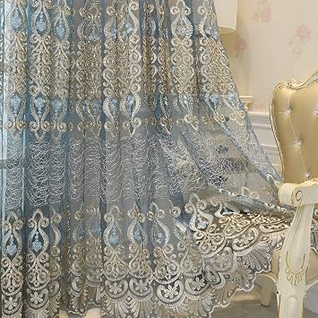 Amidoudou 1 Pair European Embroidered Tulle Curtain Living Room Bedroom Luxury Translucent Curtains Blue Grey,51x95 Inch