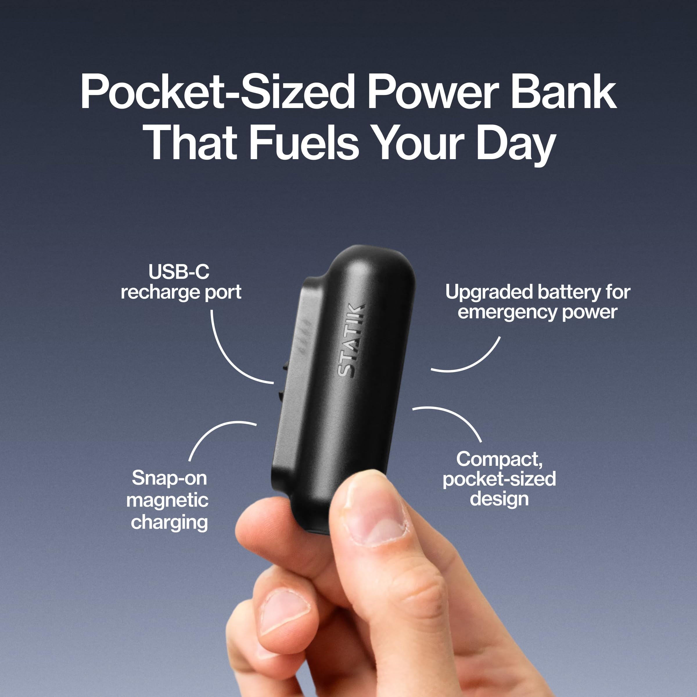 STATIK Snap-N-Charge (Gen 3) - Mini power bank, caricabatterie portatile per tutti i dispositivi, adattatori magnetici 3 in 1 (USB-C, micro USB, iProduct), compatto, 3200 mAh, 10 W, nero, confezione