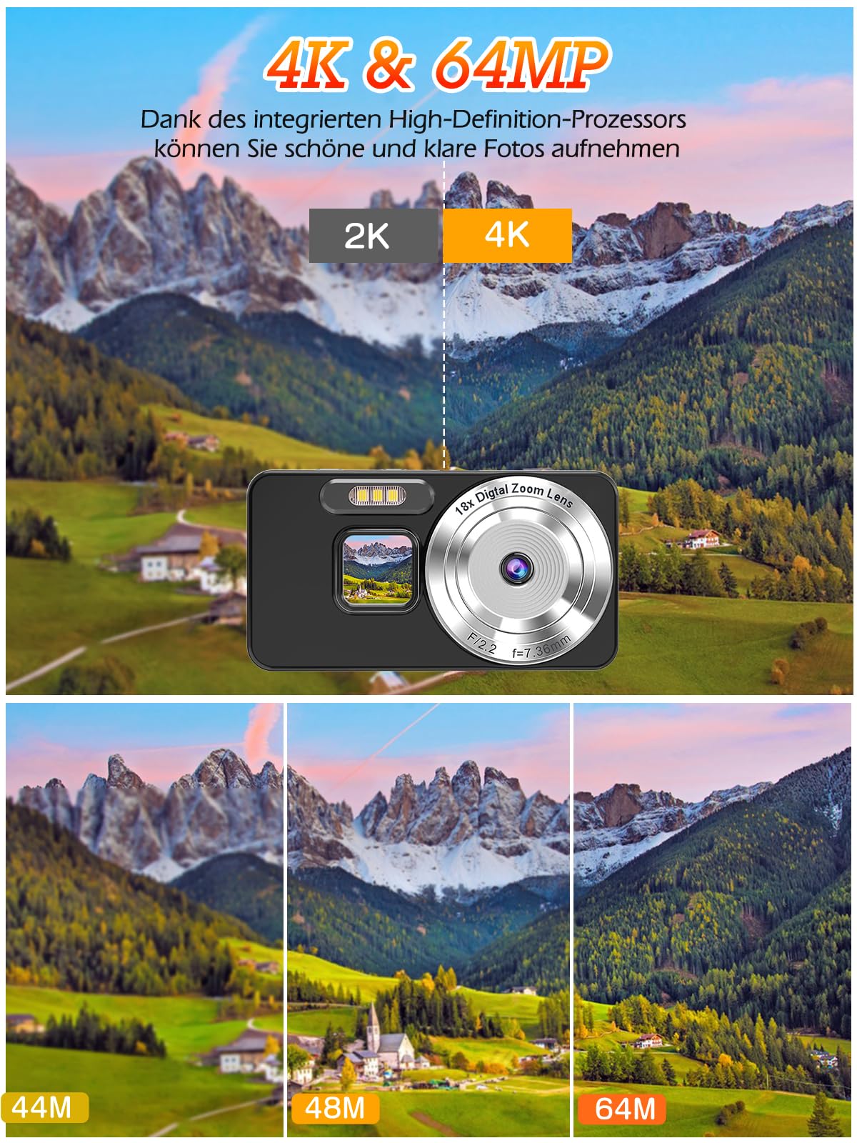 4K Digitalkamera, 64MP Autofokus Kompaktkamera, 18-facher Digitalzoom, 2,8" Display, Zeitraffer & Loop-Aufnahme, Webcam, Kompakte Kamera mit 32GB SD-Karte, Ideal für Anfänger & Erwachsene