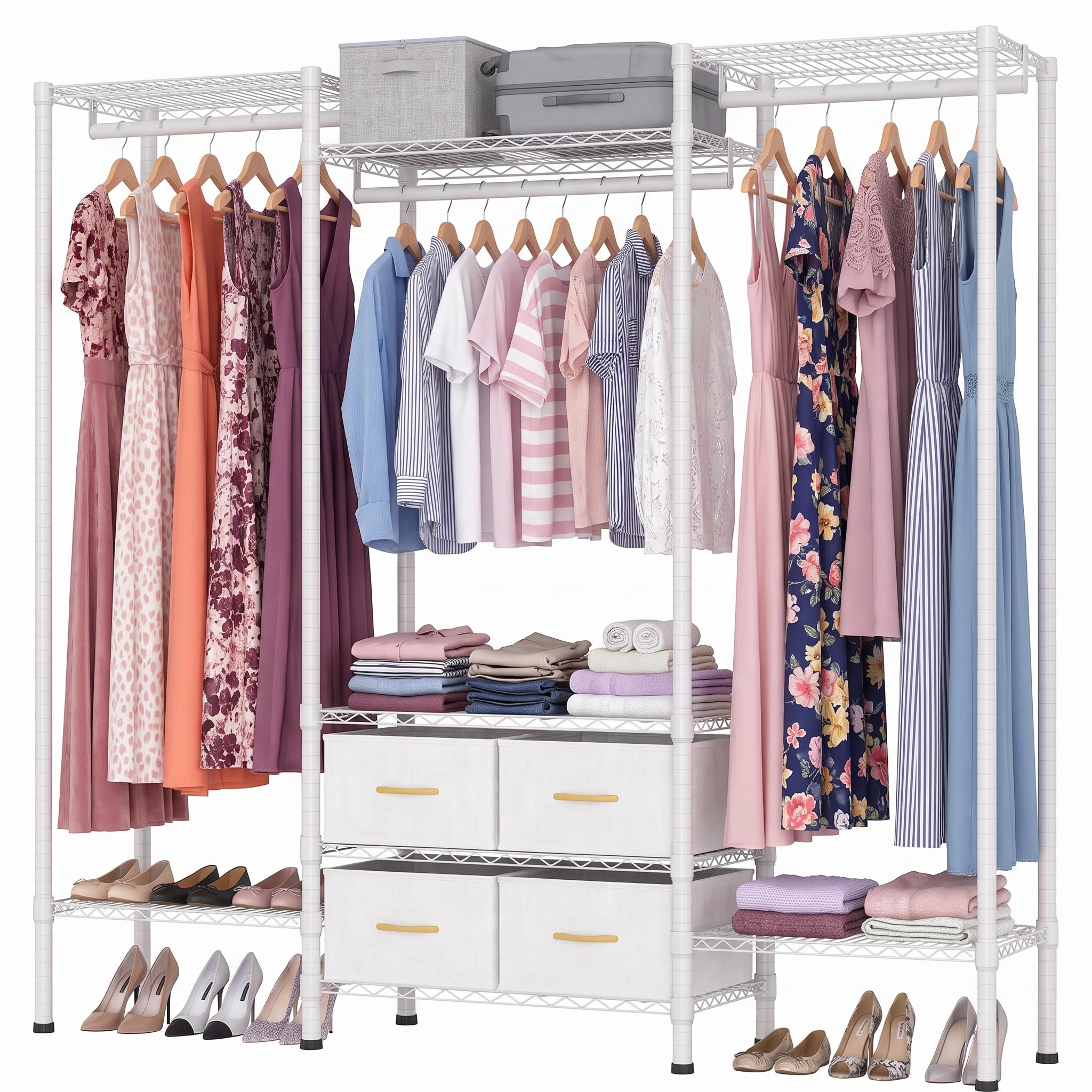 Himimi Heavy Duty Clothes Rail with 4 Fabric Drawers, 8 Adjustable Storage Shelves & 3 Hanging Rods, Freestanding Strong Garment Rack, Large Metal Open Wardrobe for Bedroom, 154 x 40 x 180 cm White