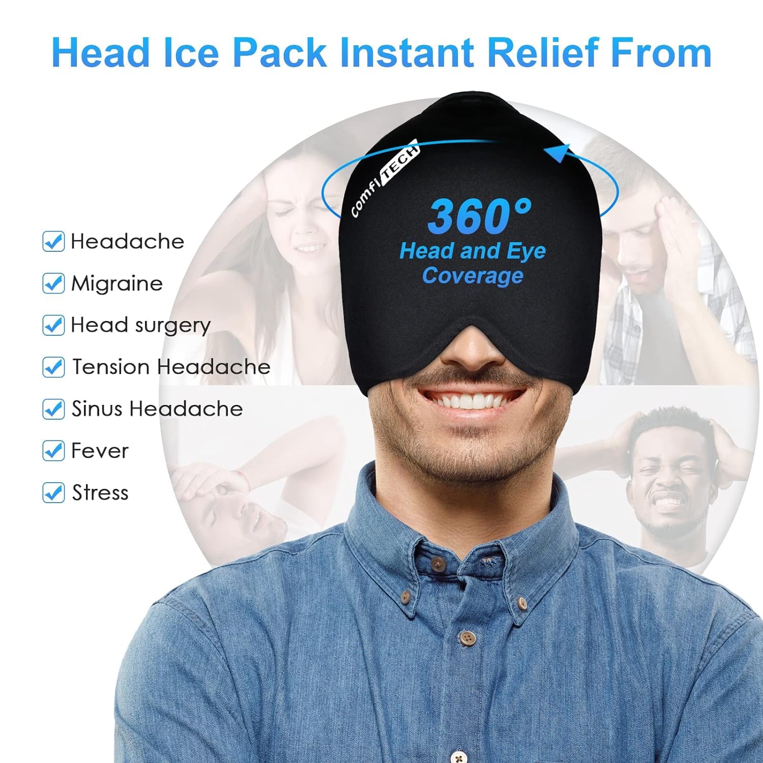 Buyntry Migraine Ice Head Wrap, Headache Relief Hat for Migraine Cap for Tension Puffy Eyes Migraine Relief Cap for Sinus Headache and Stress Relief Cold Compress 4