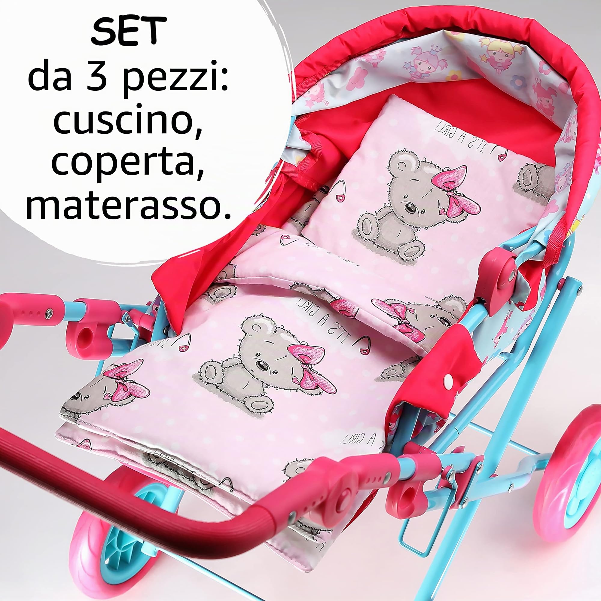 PinkZebra Set di 3 pezzi di biancheria da letto per bambole, coperta + cuscino + materasso, fino a 43 cm, per carrozzina di bambola, per letto di bambola, It's A Girl