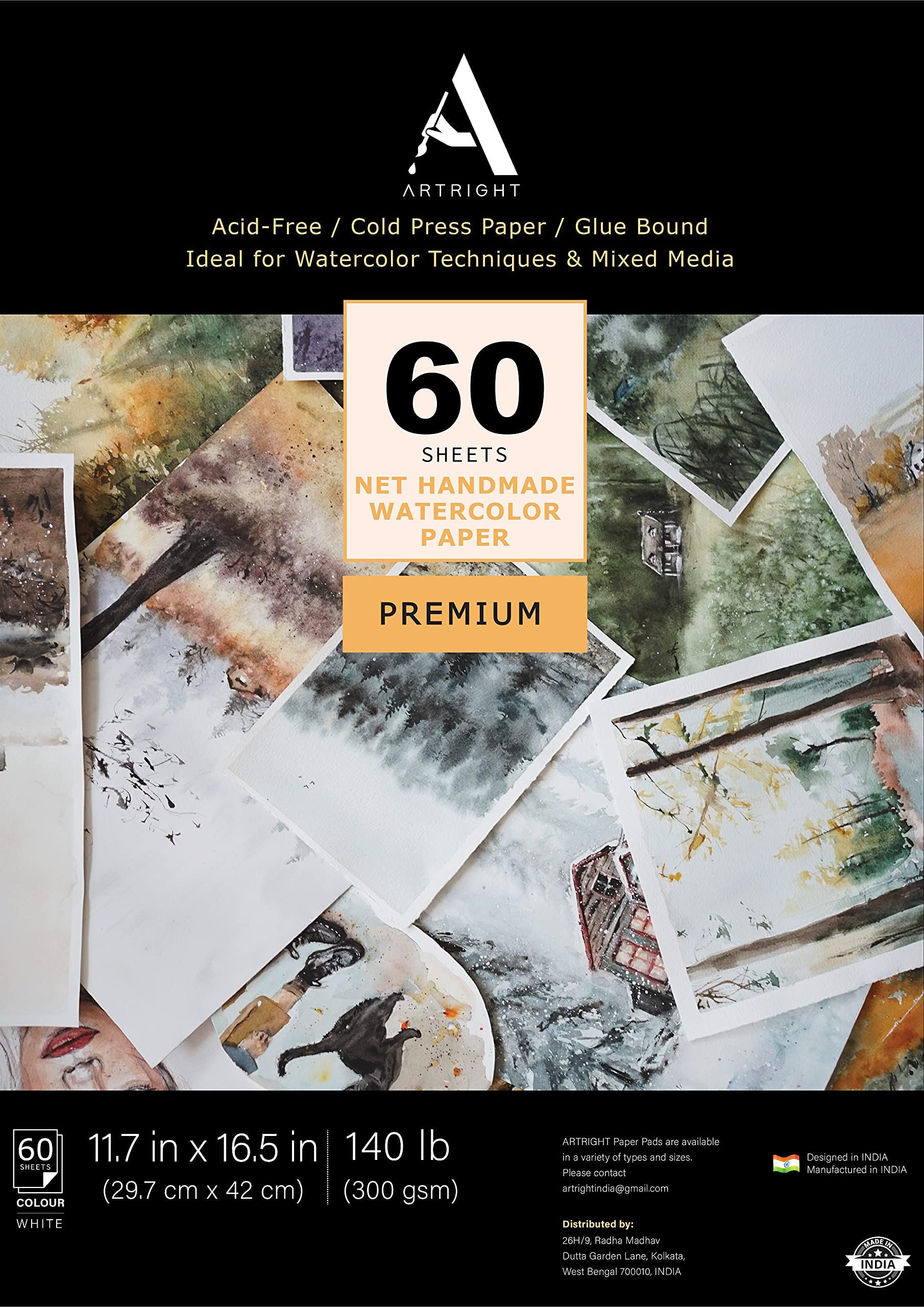 ArtRight Artists' Acrylic Paper (A3 Pack of 60 Sheets, 300 GSM); 300 GSM Handmade Sheets for Gouache & Acrylic Media (Papers for Acrylic & Gouache Media)