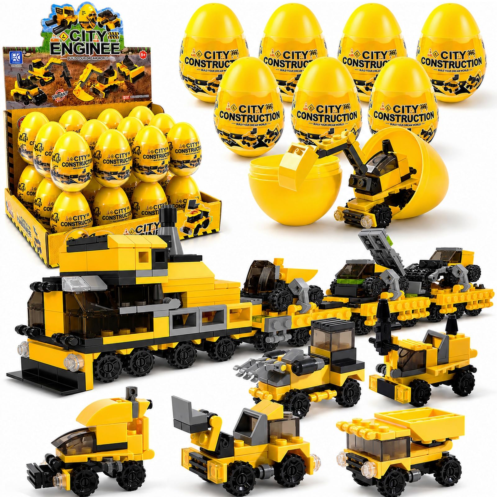Cleboen Mini Mattoncini Veicoli 24 Pz, Gioco Di Costruzione 12 In 1, 6+ | Set Mini Blocchi Veicoli Da Cantiere Per Bambini, 24 Pezzi Con Modelli 12 In 1, Idea Regalo Festa 6+