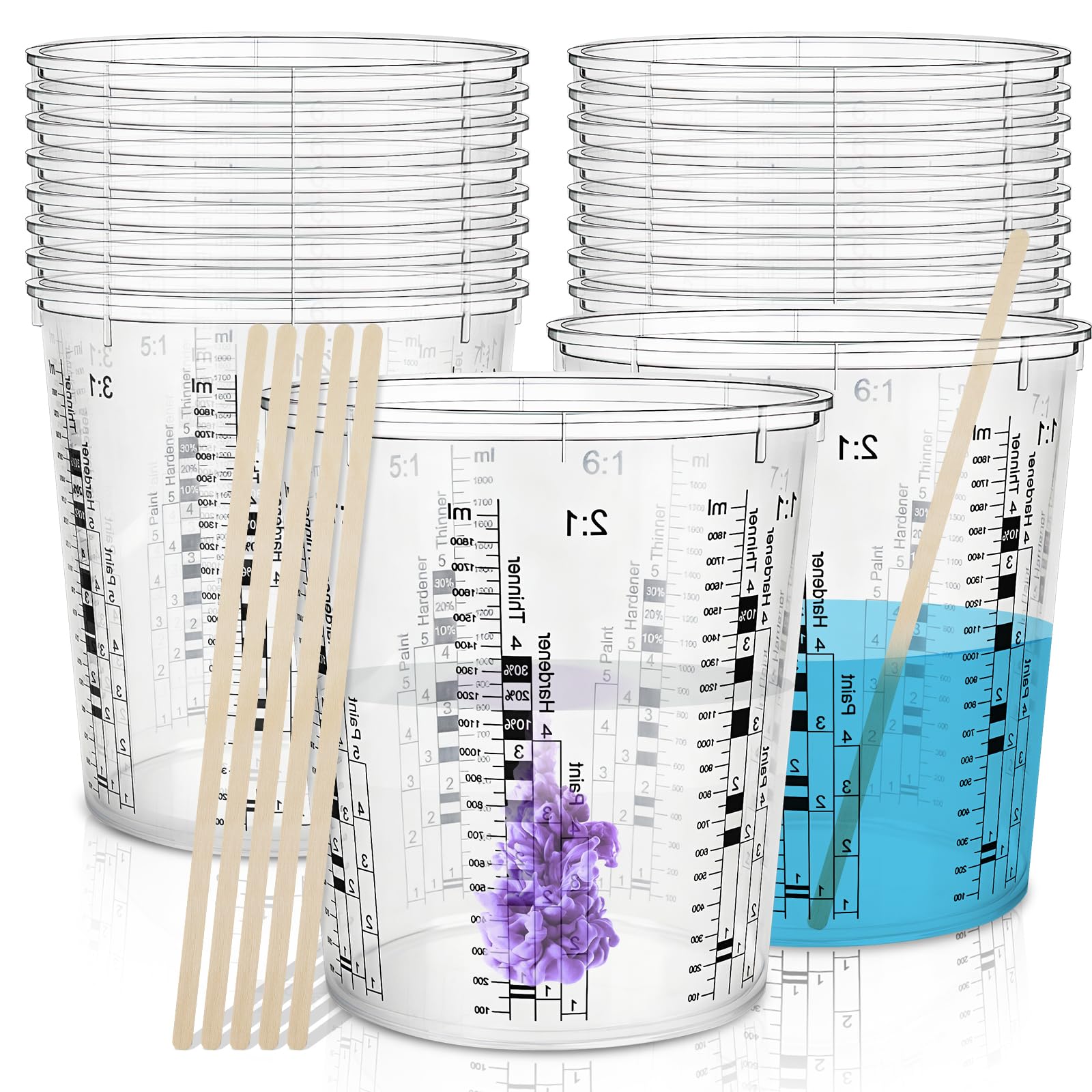 Lot de 24 gobelets mélangeurs de peinture - 2250 ml - Transparent - Avec agitateurs - Grand verre doseur jetable avec échelle pour peinture de voiture, résine, résine époxy et liquides