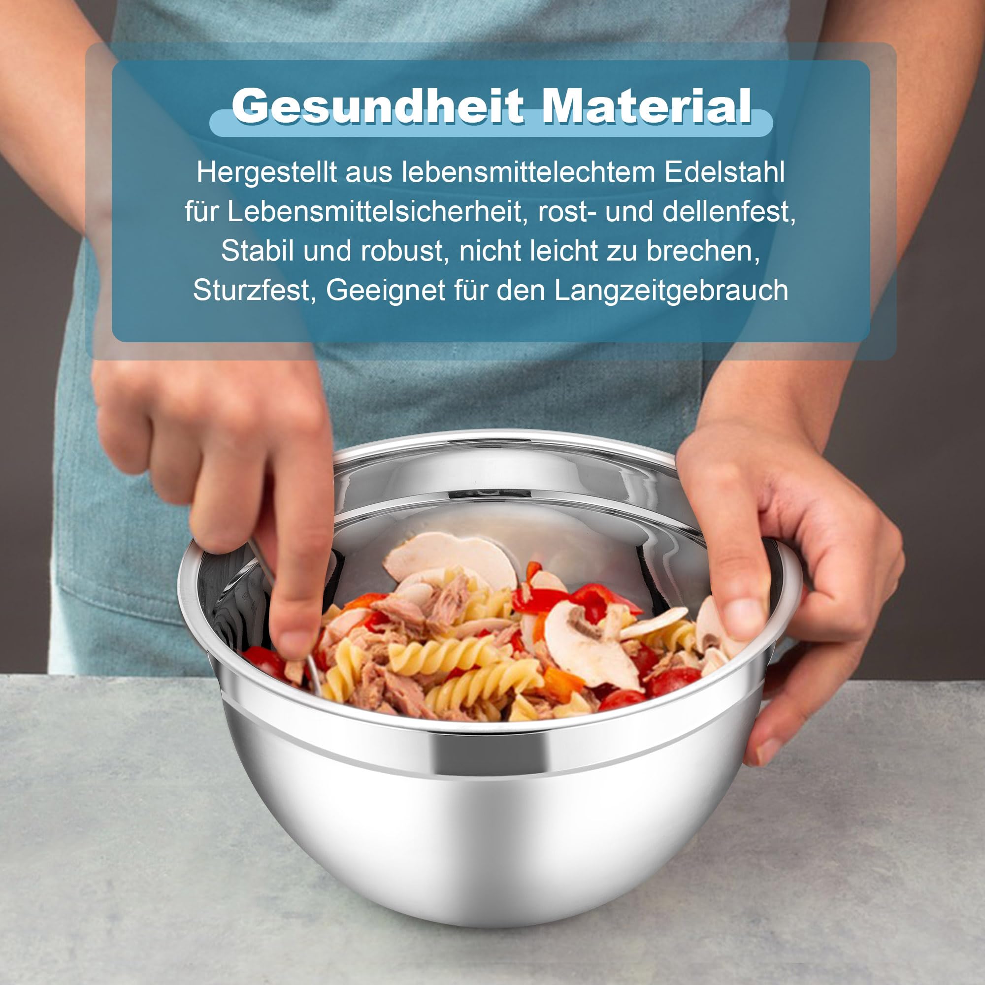 Herogo Set di 5 ciotole per mescolare, in acciaio inox, con coperchio ermetico, in metallo, con 3 grattugie, per preparare, cuocere, servire, mescolare, lavabile in lavastoviglie